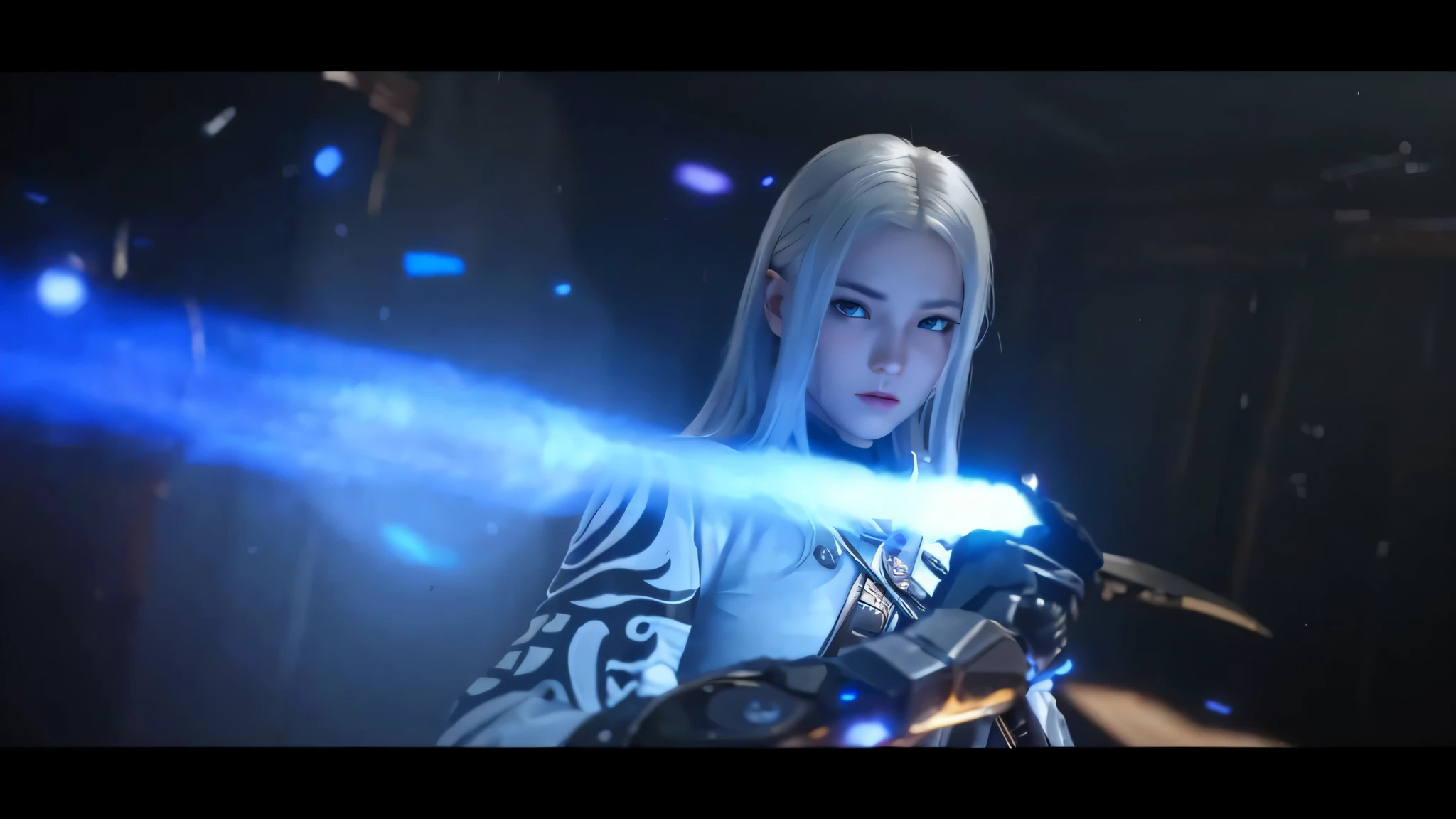 um close up de uma pessoa segurando um sabre de luz em um quarto escuro, Estilo Lineage 2 Revolution, Cinematic Shadowbringers, da linhagem 2, Jogo CG, Akihiko Yoshida. Motor irreal, ps5 cinematic screen capture, Da NCSOFT, Ciborgue - Menina com cabelo prateado, epic 8 k hd anime shot, unreal engine render + uma deusa