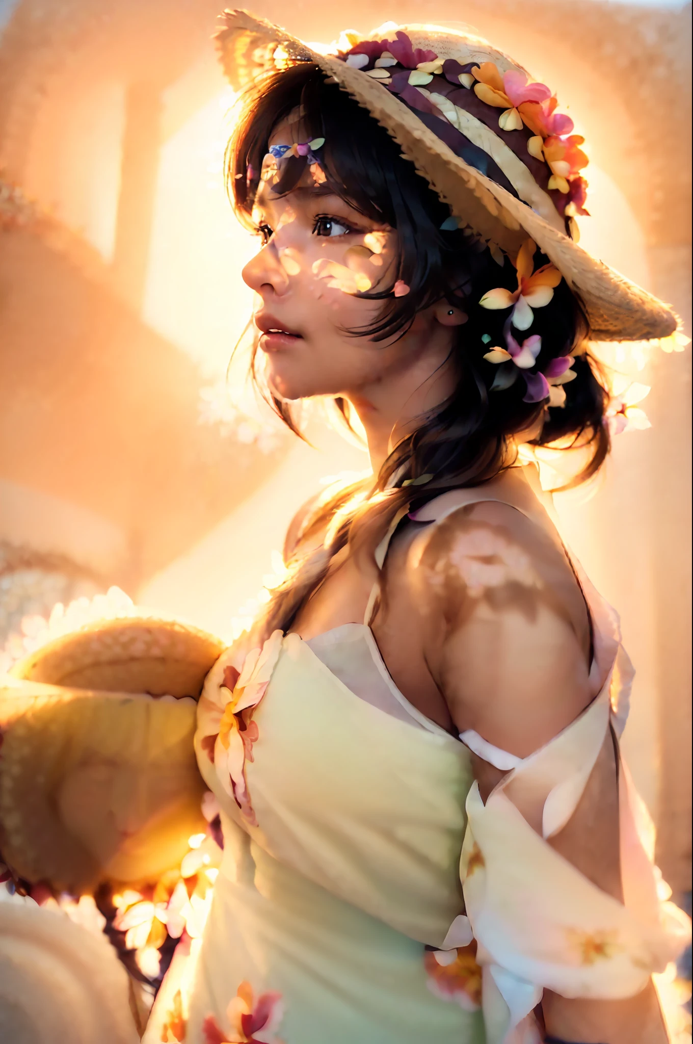 (extreme close up:1.5), (face focus:2),(Style of ???? ???:1.5),
((side face:2)),(1girl surrounded by soft_light:1.5), (backlighting:1.8), (lighting),(flowing fabric:1.3), ((Floral_summer_dress:1.5),(Straw_hat:1.3)),
(masterpiece), realistic, HDR, highly detailed, 8k, raw photo,
ambient occlusion, natural, harmonious composition, warm tones, fine art photography,