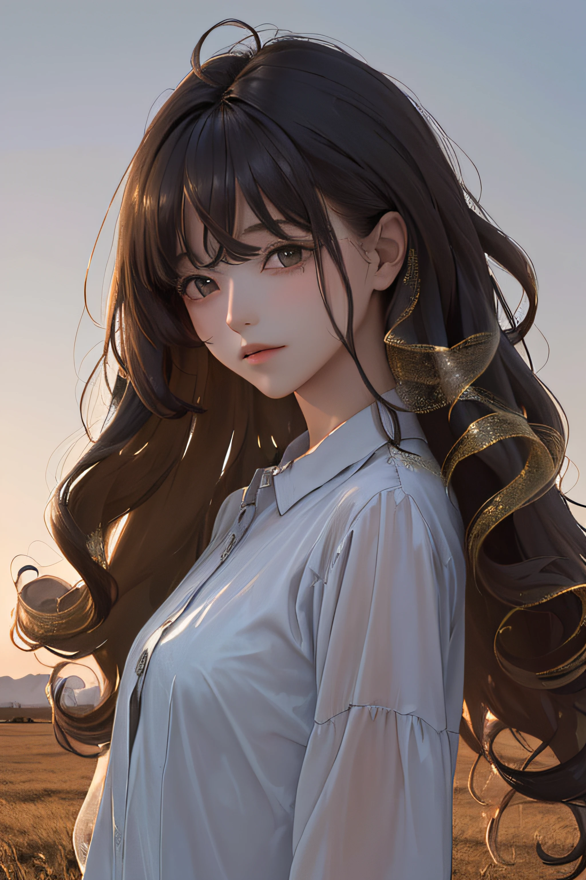 ((masterpiece:1.2), (best quality:1.2), looking at viewer, bare and fair skin, endless meadows, deserted streets, shimmer reflected on hair, long hair fluttering in the wind, (curly hair), sparse bangs, mysterious atmosphere)