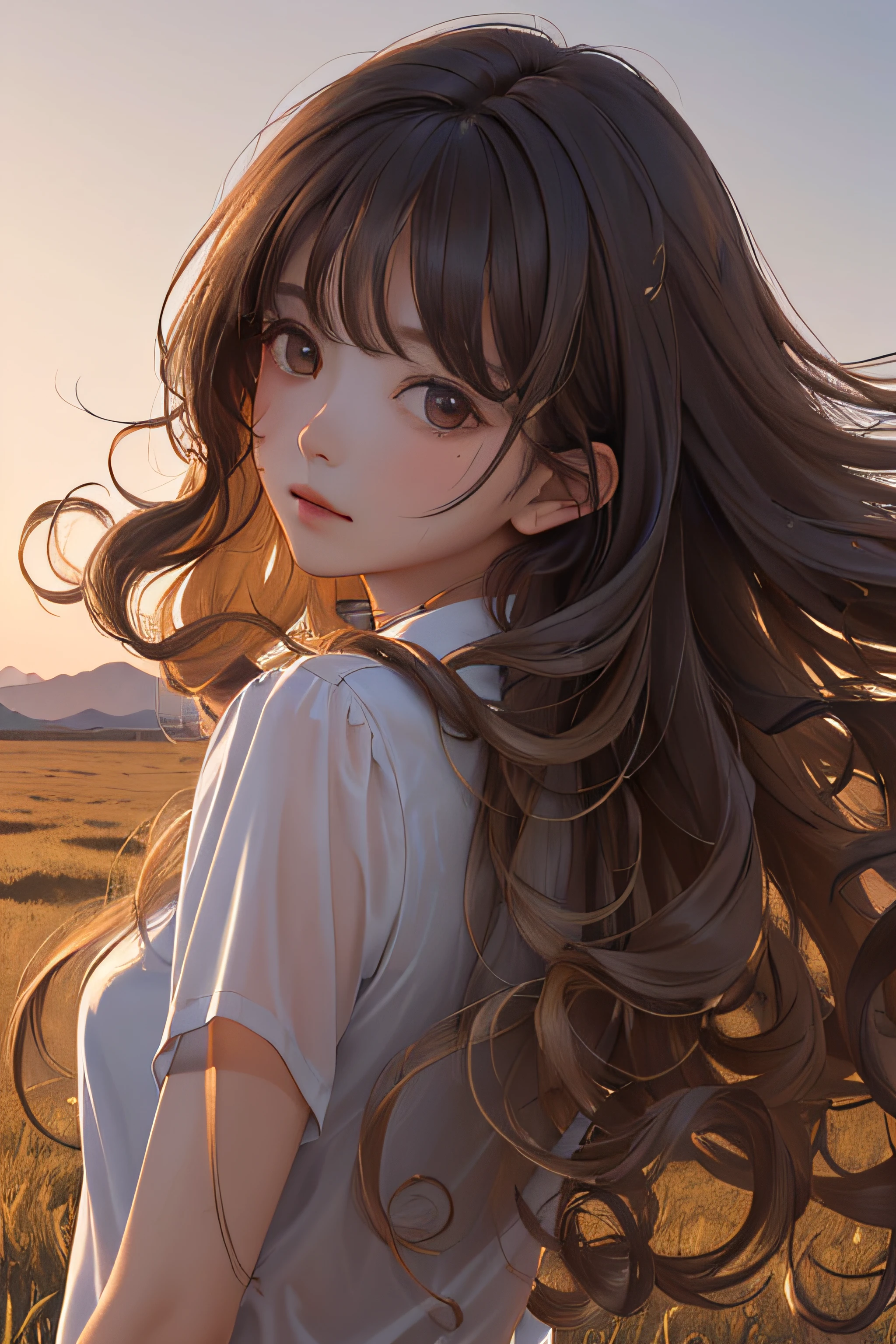 ((masterpiece:1.2), (best quality:1.2), looking at viewer, bare and fair skin, endless meadows, deserted streets, shimmer reflected on hair, long hair fluttering in the wind, (curly hair), sparse bangs, mysterious atmosphere)