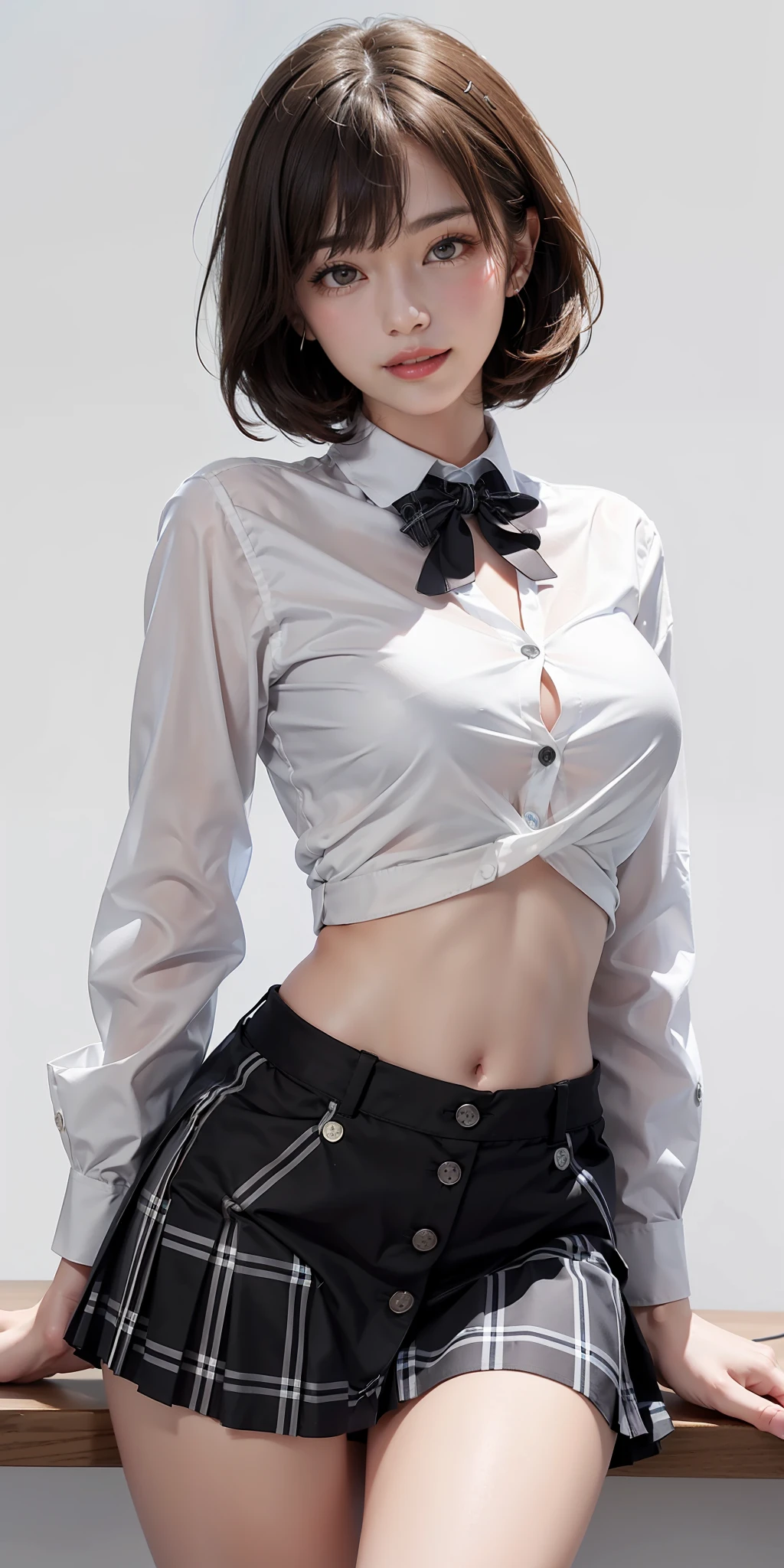 (A hyper-realistic:1.2)、(Photorealsitic:1.6)、(high-detail、hightquality、masterpiece:1.3)、(top-quality:1.4)、hight resolution、8K分辨率、(intricate detailes:1.6)、(volumatic light) One Woman、Whole body OL、Standing Pose、Classroom、(See-through white school shirt with buttons:1.6)、(Buttonless shirt:1.6)、(breasts looking:1.6)、(plaid skirts:1.6)、(a navel:1.6)、(high-heels:1.2)、(F-cup:1.6) (beauitful face:1.9)、(A detailed face:1.6)、(A detailed eye:1.5)、(Eye lashes:1.4)、(A smile:1.6)、(Detailed black bob hair:1.3)、(very Bigger breasts:1.2)、Very tall、190cm Supermodel、clean long legs、neck long、Beautiful short hair with bangs、glowy skin、((Immaculate white background with nothing really、Pretty pretty woman))