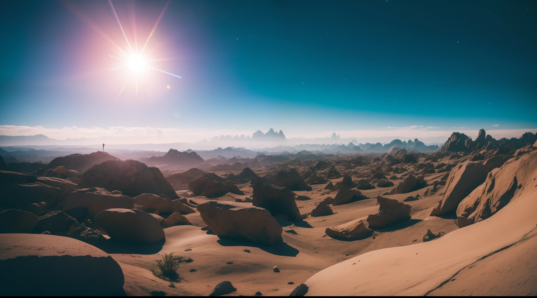 Planetary ground, There is a vast universe in the background, There are rocks here and there, thick mist, Colorful funny plants, sony a7, film gain, Cinematic lighting, Photorealistic, one-point perspective, 32K, diffuse reflection, colorful shiny particles, Lens Flare, sharp reflection light