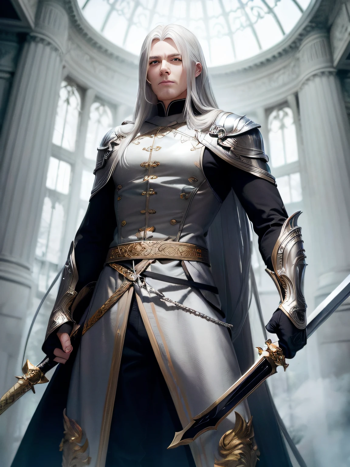 Man in costume,Long sword in hand,Long flowing hair,grey clothing,In the daytime, --auto