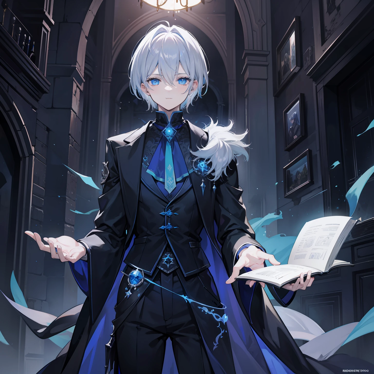 {[{{"Magnificent dark atmosphere, Being in a magical world, 4k artwork of man with gray hair and glowing blue eyes, short-haired, Surrounded by spellbooks,Creating magic."}]}}