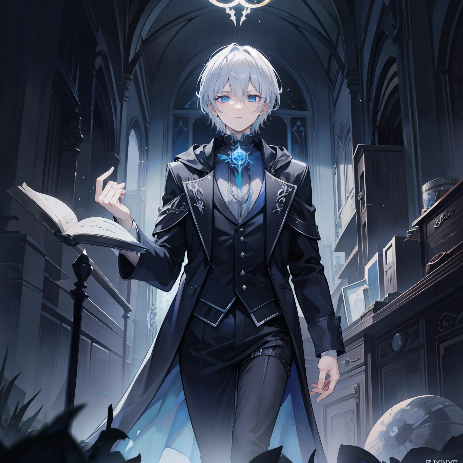 {[{{"Magnificent dark atmosphere, Being in a magical world, 4k artwork of man with gray hair and glowing blue eyes, short-haired, Surrounded by spellbooks,Creating magic."}]}}