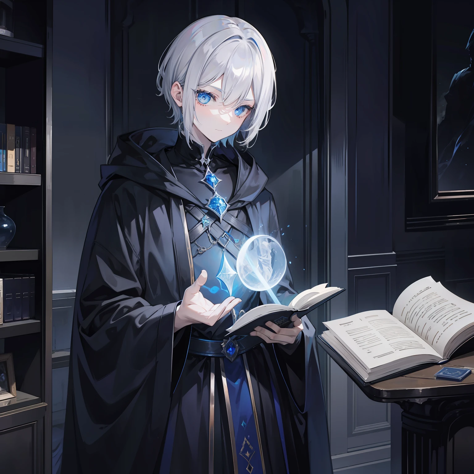{[{{"Magnificent dark atmosphere, Being in a magical world, 4k artwork of man with gray hair and glowing blue eyes, short-haired, Surrounded by spellbooks,Creating magic."}]}}