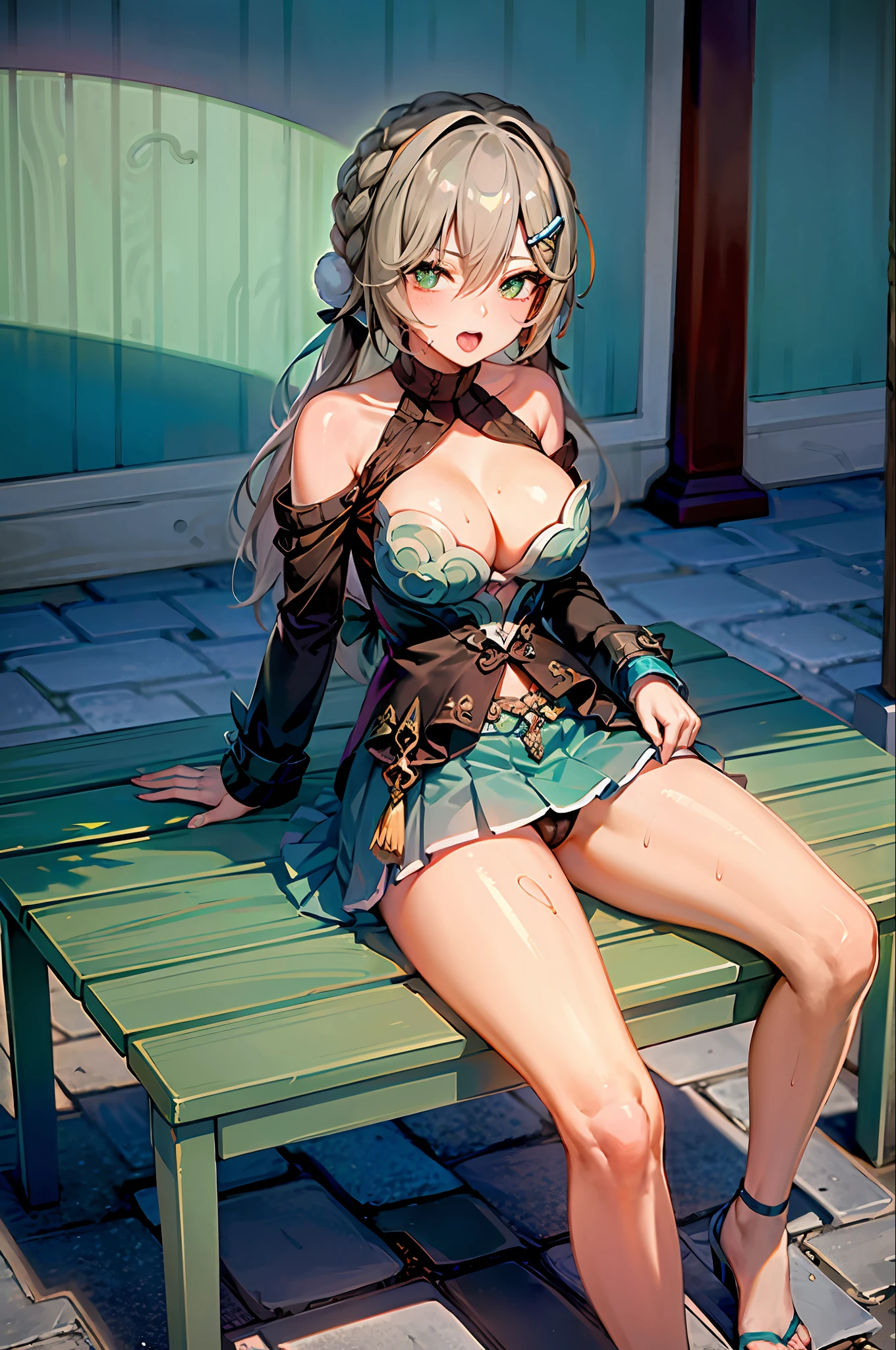 tmasterpiece,HighestQuali,Ultra-clear 8K,Blue Sparrow,s girl,Plump big breasts,sit on a bed,Spread your legs firmly,open open mouth,Hook the tip of the tongue,Eyes are confused,Eyes up,drenched panties,Soaked underwear,Lift the skirt with one hand,The other hand grabs the chest,Superskirt,orthogonal,Clothing transparency,dramatic lights,Mini clothes,naked leg,toppless