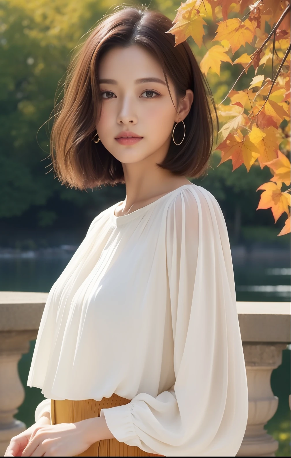 The season is autumn、Colorful autumn leaves(top-quality、hight resolution、​masterpiece)、Short-cut hairstyles 、Women in Japan、Beautiful woman with slender figure、(top-quality、hight resolution、​masterpiece:1.3)、Sheer blouse with long sleeves、Ultra mini skirt、plein air、Scenic beauty、lakes and mountains in distant background、Face and skin texture details are beautifully rendered、Eye of Detail、Beautiful woman with a slim figure、outside of house、Beautifully rendered face and skin texture details、二重まぶた