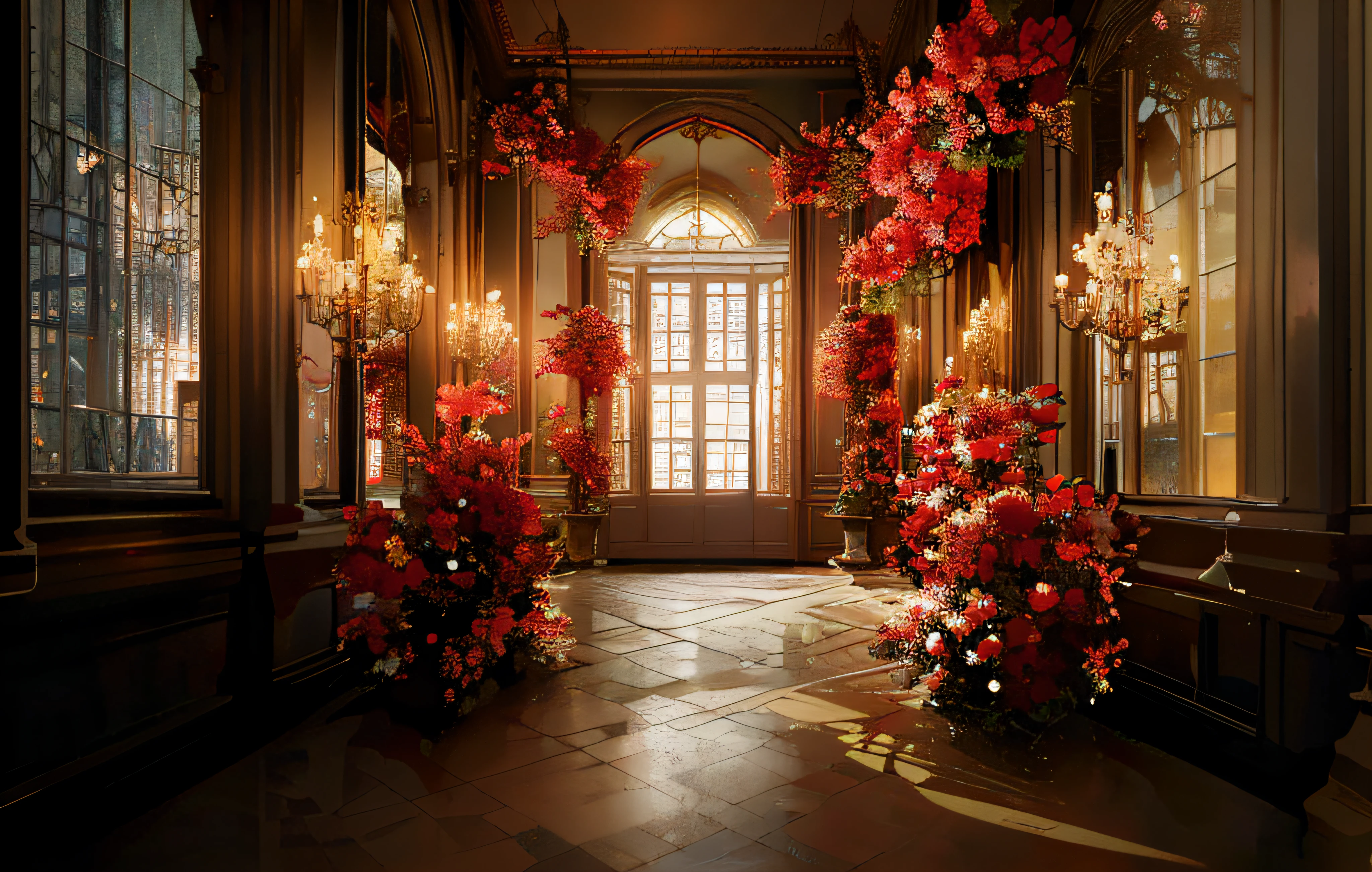 there are many red flowers in the middle of a hallway, stunning arcanum backdrop, lavishly decorated, floral environment, magical atmosphere + masterpiece, unreal engine ; romantic theme, red and cinematic lighting, celestial red flowers vibe, dreamy atmosphere and drama, awesome greate composition, the grand temple of flowers, by Marie Bashkirtseff, red room