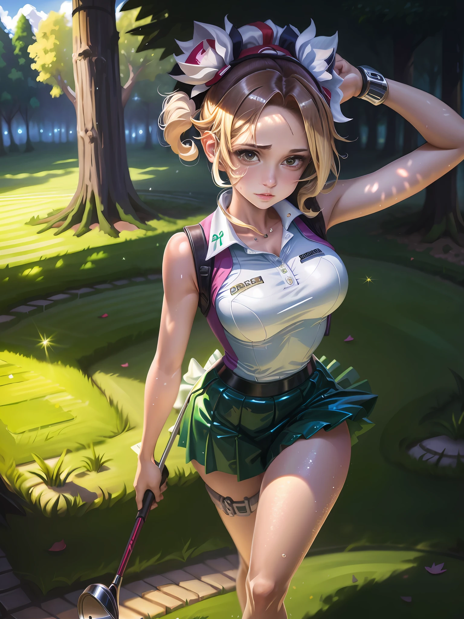 ((masutepiece)),((High resolution)), Dramatic Lighting,  Sharp Focus,  16k UHD,
Ultra-realistic illustrations,1beautiful girl,golf Uniform,Teenage girl,small head ,dark color hair,Large breasts,shiny skins,skirt,nice foots,wet skins sweat,In golf couse,from above