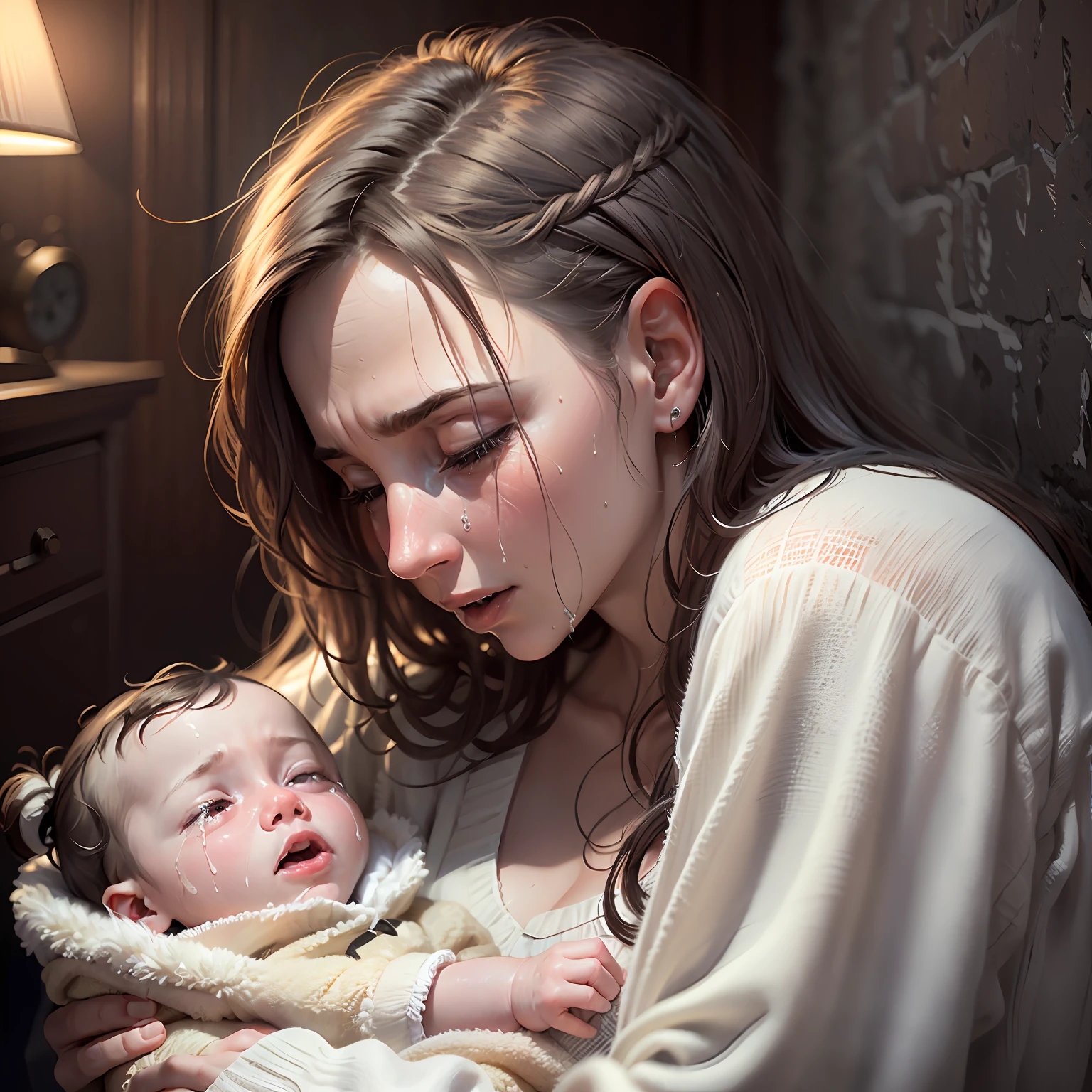 ((ultra realistic, top quality, super definition, high definition)), woman, mother, with 2  on her lap crying, in the dark room, crying about not being able to make him sleep