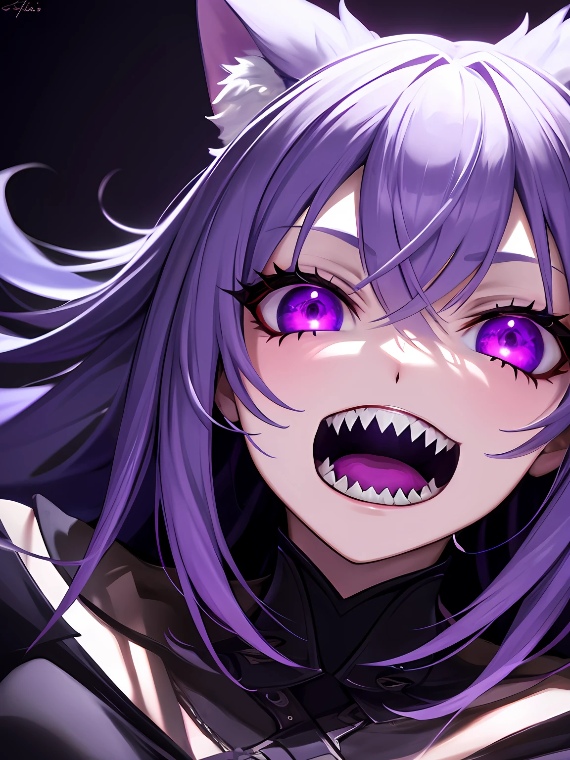 1girl , night hunter, glowing violet eyes, night, sharp teeth, open mouth, mischivous smile, scary, close up
hard lighting, best quality, intricate, highly detailed, masterpiece,