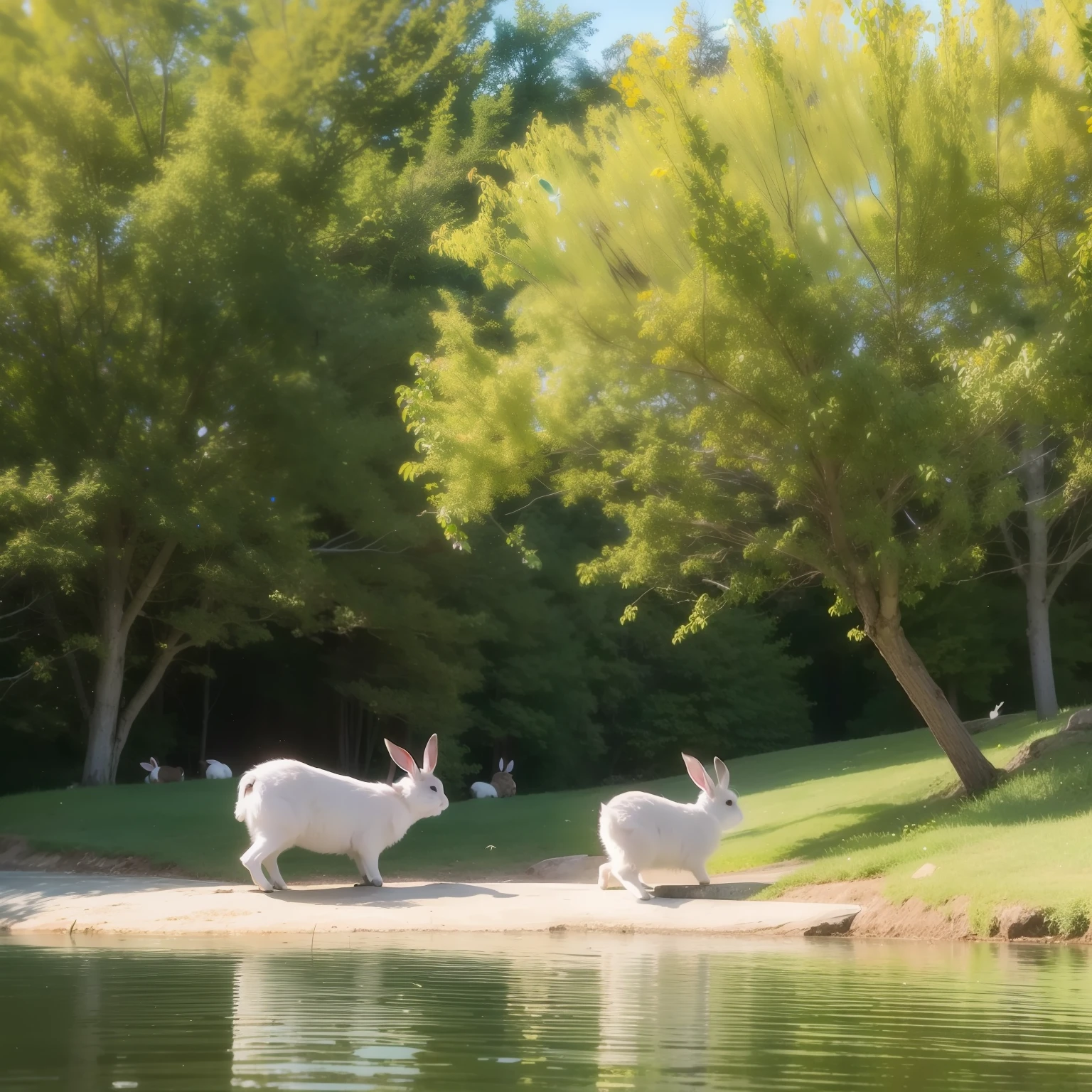 Rabbits graze on rear trees and water --auto