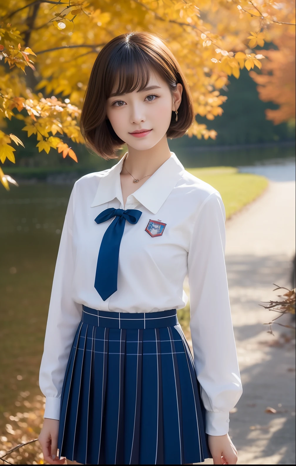 (top-quality、hight resolution、​masterpiece:1.3)、Short-cut hairstyles 、Women in Japan 、Short skirt and bow tie、Autumn uniforms、cute school girl、Pendants、plein air、Scenic beauty、Autumn lake and mountains on distant background、Beautiful details of face and skin texture、Eye of Detail、(top-quality、hight resolution、​masterpiece)、Beautiful woman with a slim figure、 Pendants