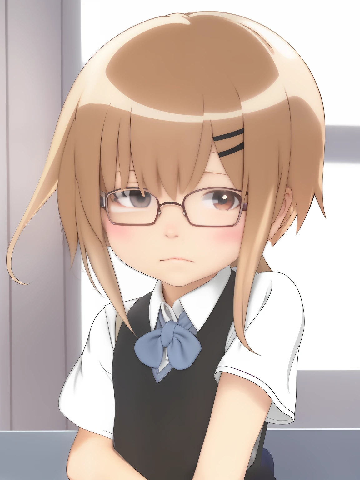 1girl, school uniform, short blonde hair, glasses, shy face, flushed cheeks, blush, cute face, , red cheeks, like crying in pain/pleasure, sexy hot, eyes look at the camera (here),