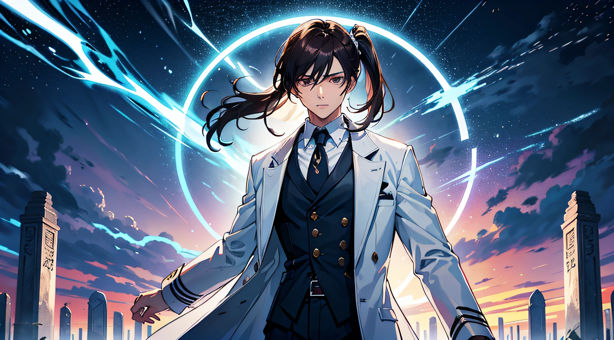 （（best qualtiy，8k，tmasterpiece：1.3）），A man， standing on your feet，full bodyesbian，frontage， Slim Faces， handsome， Long dark brown ponytail hair， Bluish and white long coat ，The clothes are a little torn， Confused eyes， 二重まぶた， Look at the sky，The background is a cluster of tall tombstones，The tombstones are one story high， The sky is lightning and thunderous --auto