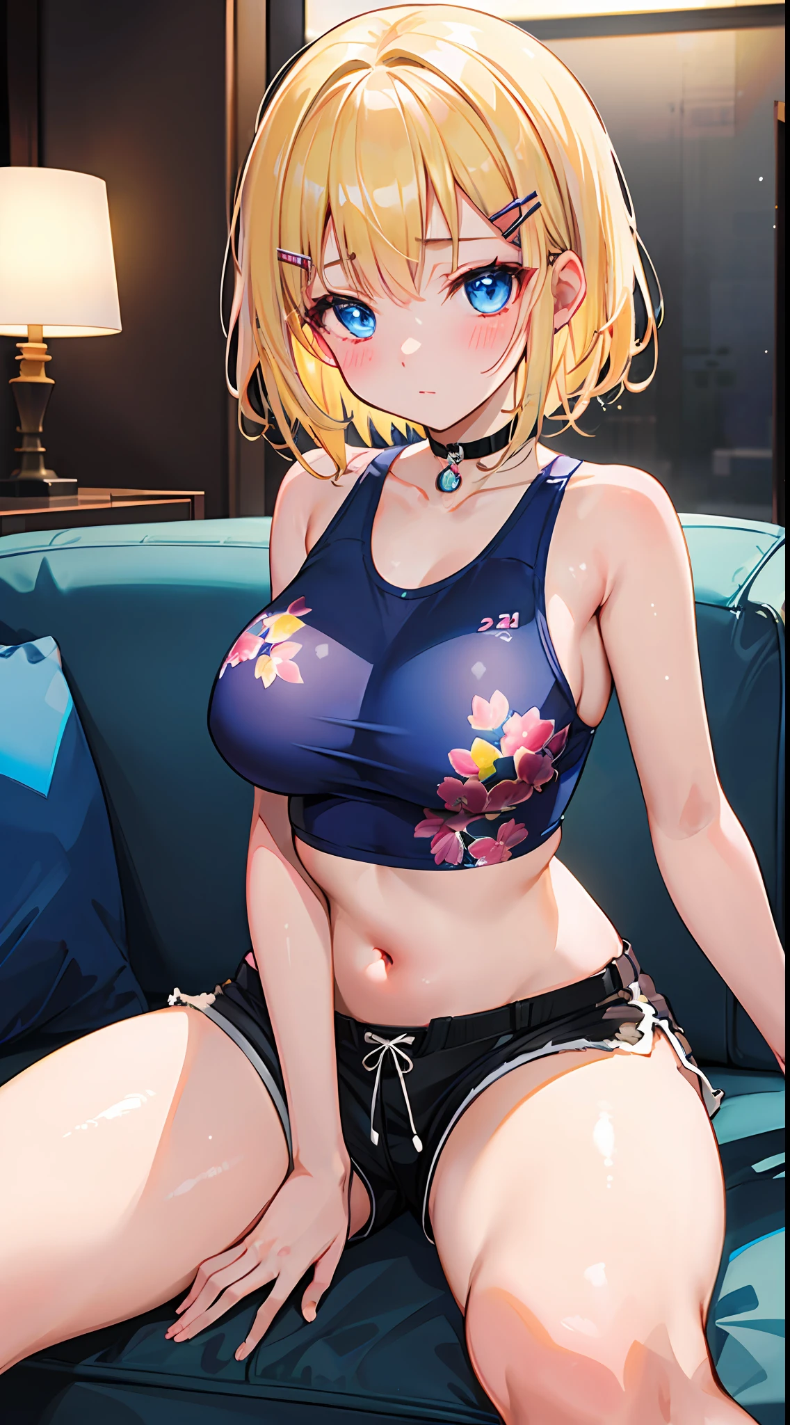 ((masterpiece, best quality;1.3)), ultra detailed, 8k unity wallpapers, CG, ray tracing, illustration, colorful, cinematic shadow, extremely detailed and beautiful background,vhd, shadering VRay,RT, 1girl, teenage, petite, loli, blush, solo, blue eyes, (blush), (blonde hair), (medium hair), (large breasts), slim waist, white glowing skin, highly detailed beautiful face, beautiful face, beautiful eyes, (talented Lo-Fi:1.3), naked, sexy, lewd, skindentation, ((detailed printed erotic singlet)), short shorts, hairclip, choker, relaxing, sofa, luxury living room, close-up, glowing, glowing light, ultra detailed, scenic, atmospheric
