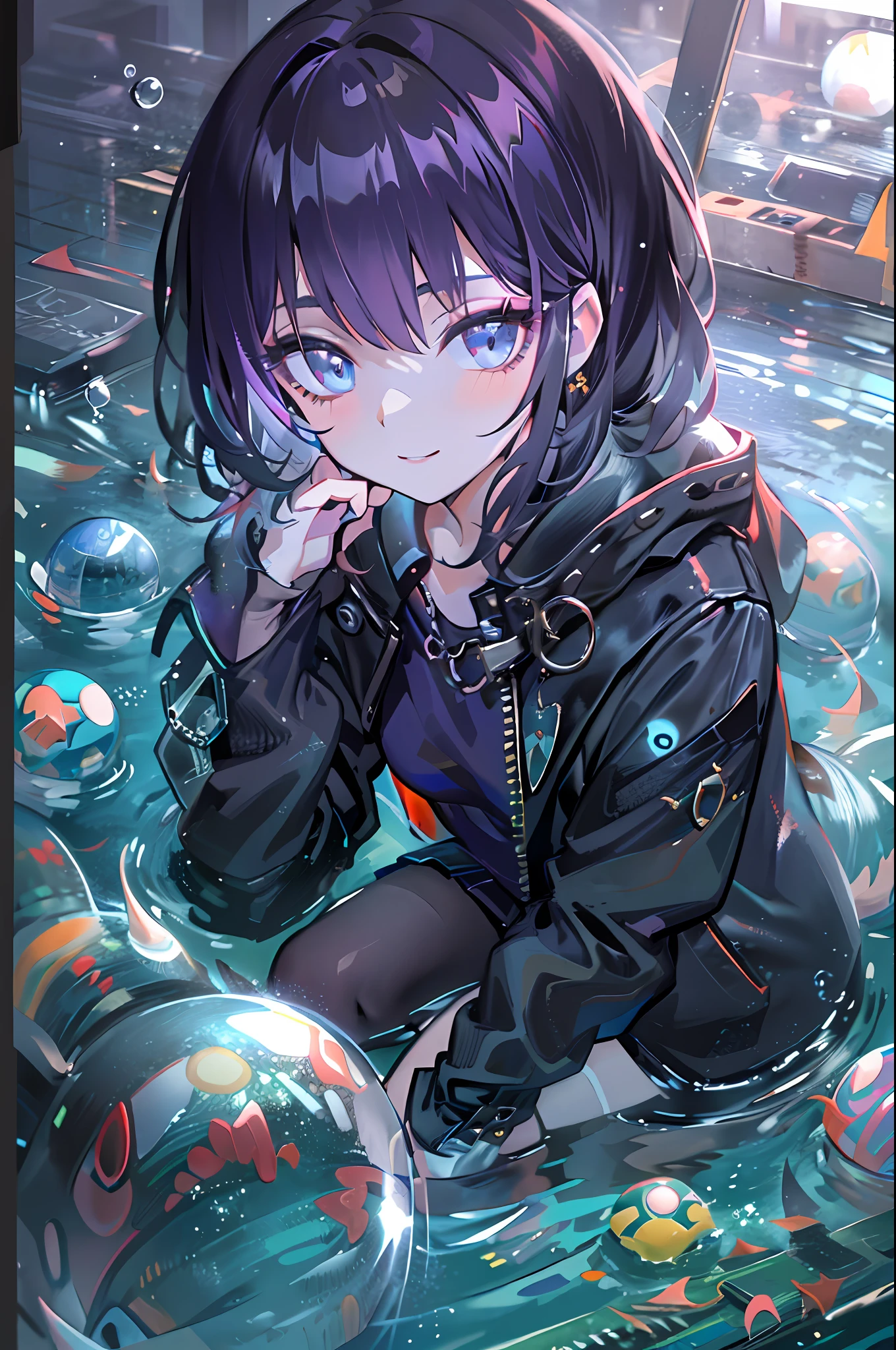 ((top-quality)), ((​masterpiece)), ((ultra-detailliert)), (extremely delicate and beautiful), girl with, 独奏, cold attitude,((Black jacket)),She is very(relax)with  the(Settled down)Looks,A dark-haired, depth of fields,evil smile,Bubble, under the water, Air bubble,bright light blue eyes,Inner color with black hair and light blue tips,Cold background,Bob Hair,a miniskirt,tight skirts,Bob Hair - Linear Art、knee high socks、Camisole inner shirt
