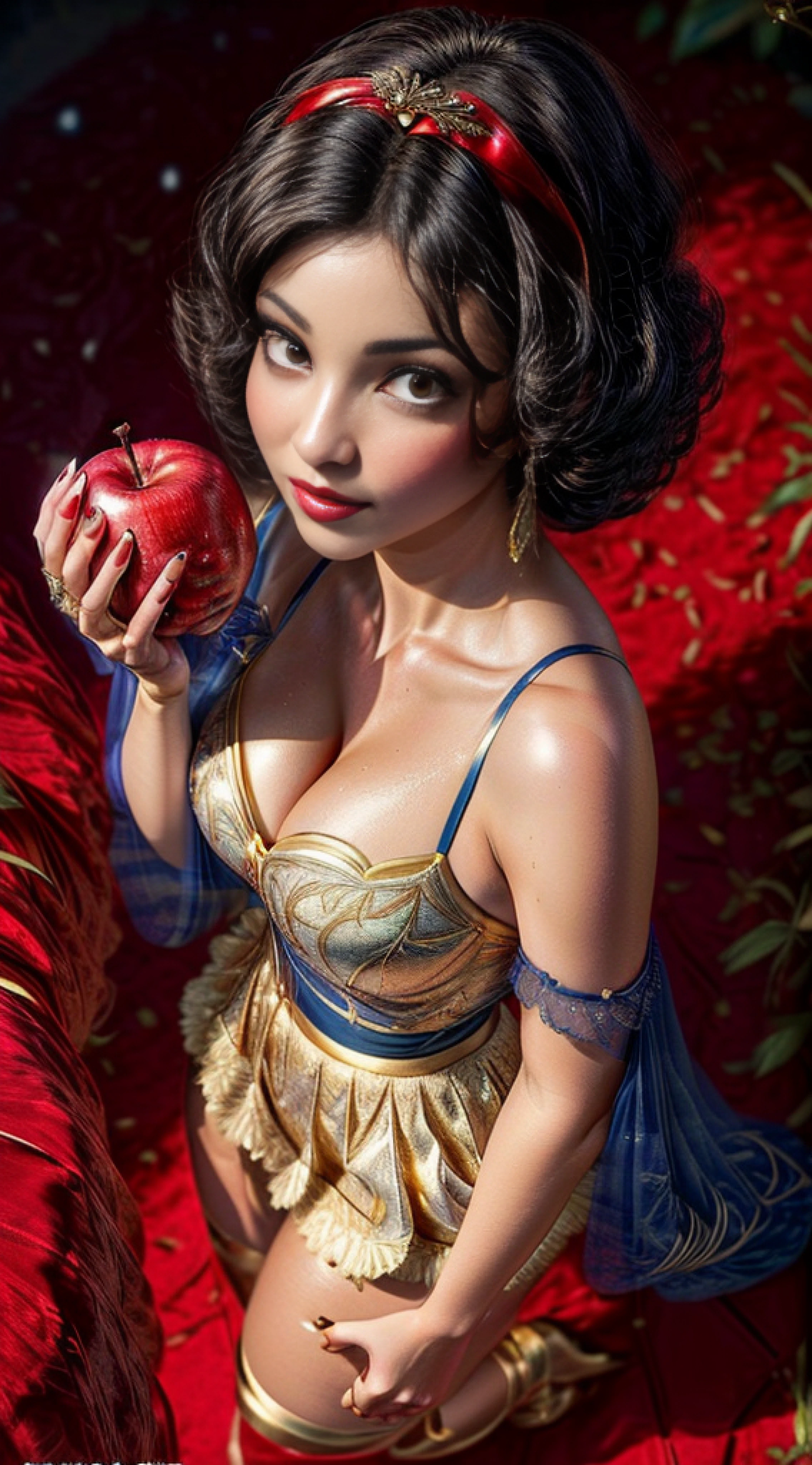 (from above:1.925), fluffy turned, RAW uhd portrait photo of a african goddess in lace lingerie woman. (She stands before us, showcasing a large red apple delicately cradled in both hands). bootylicious modelshoot, (flawless face), cute face, chubby face, sunburnt ebony skin, detailed (wrinkles, blemishes!, folds!, moles, viens, pores!!, skin imperfections:1.1), (wearing sexy gold lingerie set details:1.25), (Vibrant blue silk wraps around your body, double layered to ensure the softness of blue silk against your skin, with a central panel of glittering metallic red French lace to bring that extra touch of extravagance. Wide silk covered straps are finished with strong red toned clasps and adjusters, adorned with hand cut ribbons, to hold your stockings up firmly without compromising on glamour. Add the matching blue silk full cup bra and either tap gold pants for a complete vintage-inspired look, or skirted gold lace thong, plus the spectacular all-over red lace robe for the complete look.), blue cuban stocking, highly detailed glossy eyes, (looking at the camera), (short light curly wet hair), (jade eyes, hair flower, hair ornament), detailed skin pores, oiled skin, tan, intricate eye detail, (big cheeks), natural breasts_d, unbalanced breasts, (cleavage), detailed (textures!, hair!, shine, color!!, imperfections:1.1), highly detailed glossy eyes, (looking at the camera), kissable red lips, red apples scattered on the floor, specular lighting, beautiful knees, dslr, ultra quality, sharp focus, tack sharp, dof, film grain, (centered), Fujifilm XT3, crystal clear, center of frame, sharp focus, white beach sand, bokeh, (dimly lit), low key, at night, (night sky), SnowPrincessw, snow white cosplay, door, birds, flowers, trees, apple trees in the background