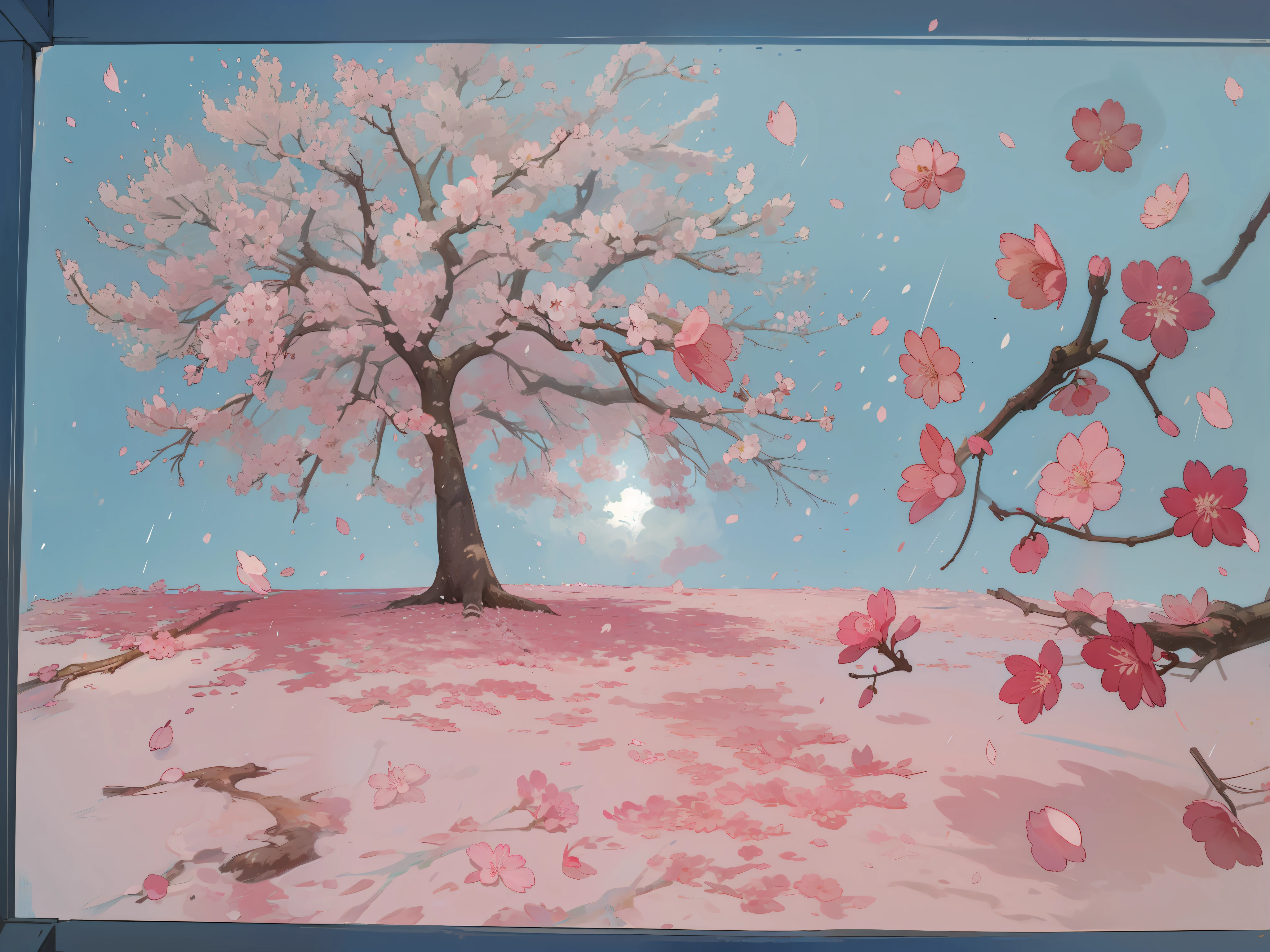 Painting of a tree with pink flowers on blue background, cherry blossoms falling, the cherry trees, falling cherry blossom pedals, falling cherry blossoms pedals, cherry blossom rain everywhere, Cherry blossom trees, the cherry trees, cherry blossom, cherry blossoms in the wind, Cherry blossom forest, Cherry blossoms, the cherry trees, the cherry trees, inspired by Julian Schnabel