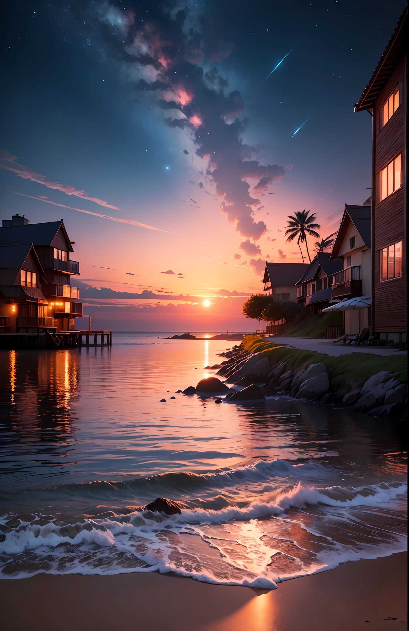 Below shows the beach at dusk, Red glow in the sky, red glow, beach sunset background、A small city sitting on a splash art serami above|the beautiful night sky |Manor Pictures|Beautiful composition、8K --auto
