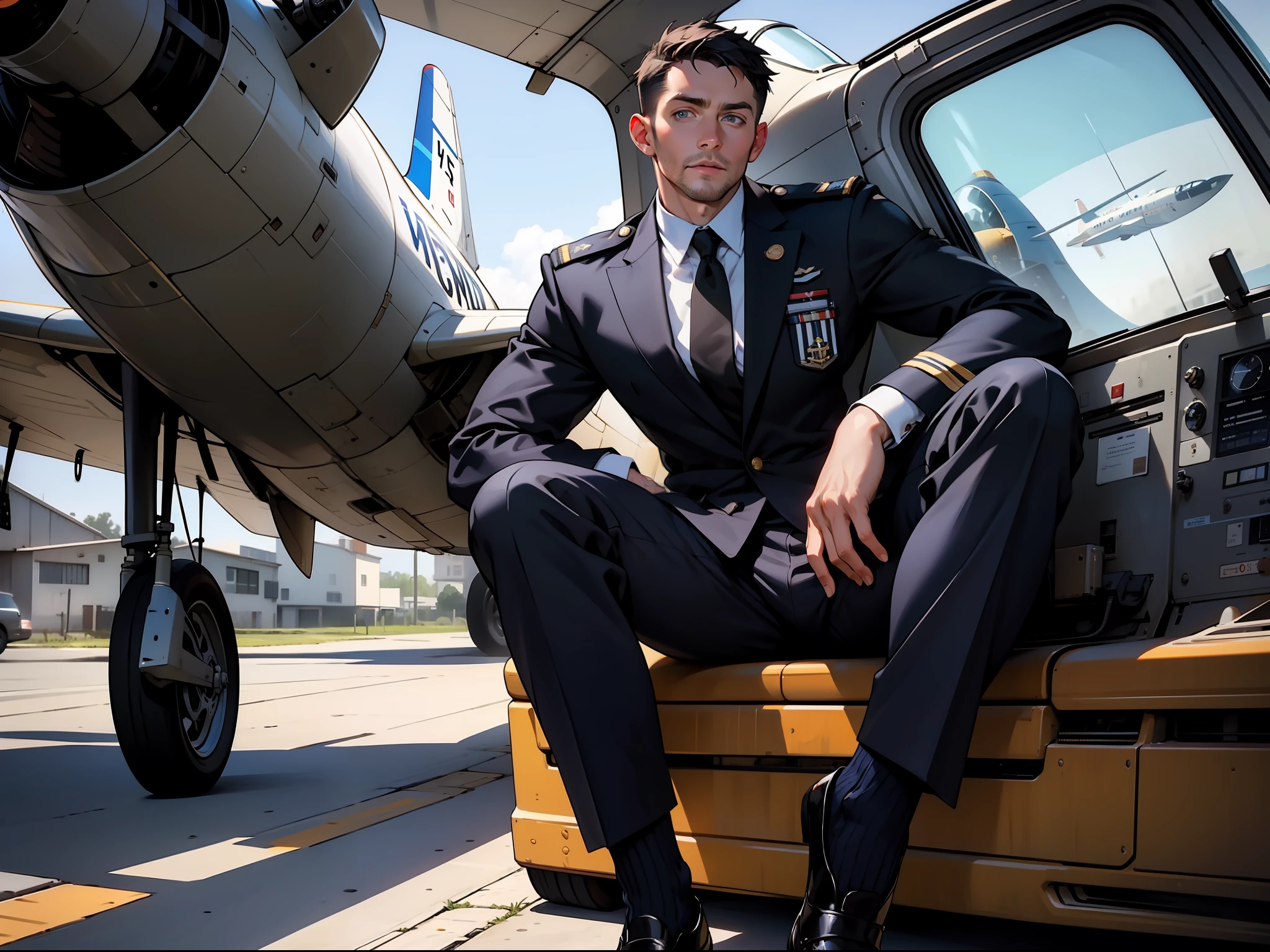 masterpiece, best quality, face, natural eyes, 1man, big feet, black socks, full body, (in suits), large bulge, long legs, looking at viewer, 30 years old, muscled and mature, pilot, pilot in uniform, short haircut, a pilot sitting with legs stretched, blue eyes,