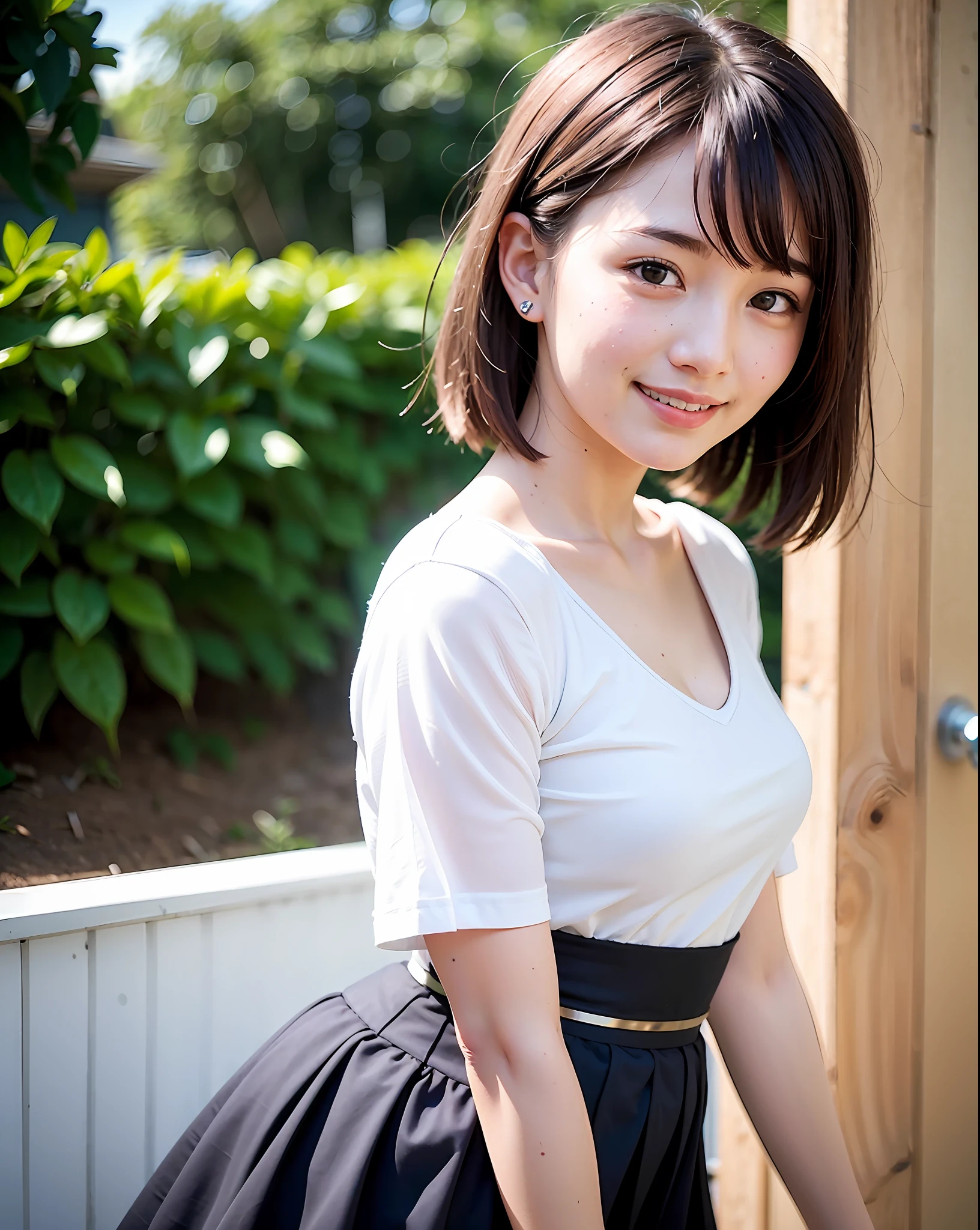top-quality、Face Focus、softlight、(depth of fields)、超A high resolution、(Photorealsitic:1.4)、(portlate:1.4)、(from the front side) 1 Japan girls、独奏、cute little、(full of shyness、a smile: 1.1)、(brown-eyed)、detailed beautiful faces、(short-hair)、Chromo-white skin、Film Lighting、blouse、pleatedskirt、a miniskirt、Upper body portrait、