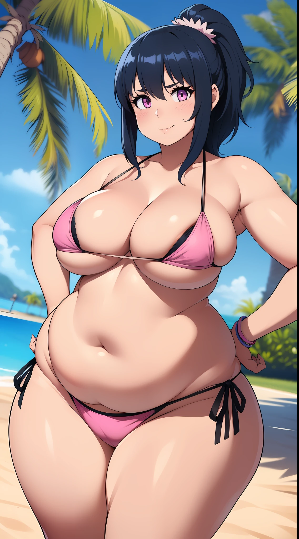 (((kipteitei art))), ((masterpiece)), (((best quality))), ((ultra-detailed)), (((illustration))), detailed face, ultra cute face, detailed body, ((1girl)), ((solo)), blue hair, ((fluffy hair)), medium hair, ponytail, hair between the eyes, pink eyes, flirting, suggestive smile, (blushing), looking at viewer, cowboy shot, hand on hip, black side tie bikini, micro-bikini, (tight bikini), standing by pool, palm trees, tropical resort, medium breasts, cleavage, perky breasts, ((wide hips)), ((thick thighs)), (fat ass), pudgy, belly poke, (fat folds), thicc,