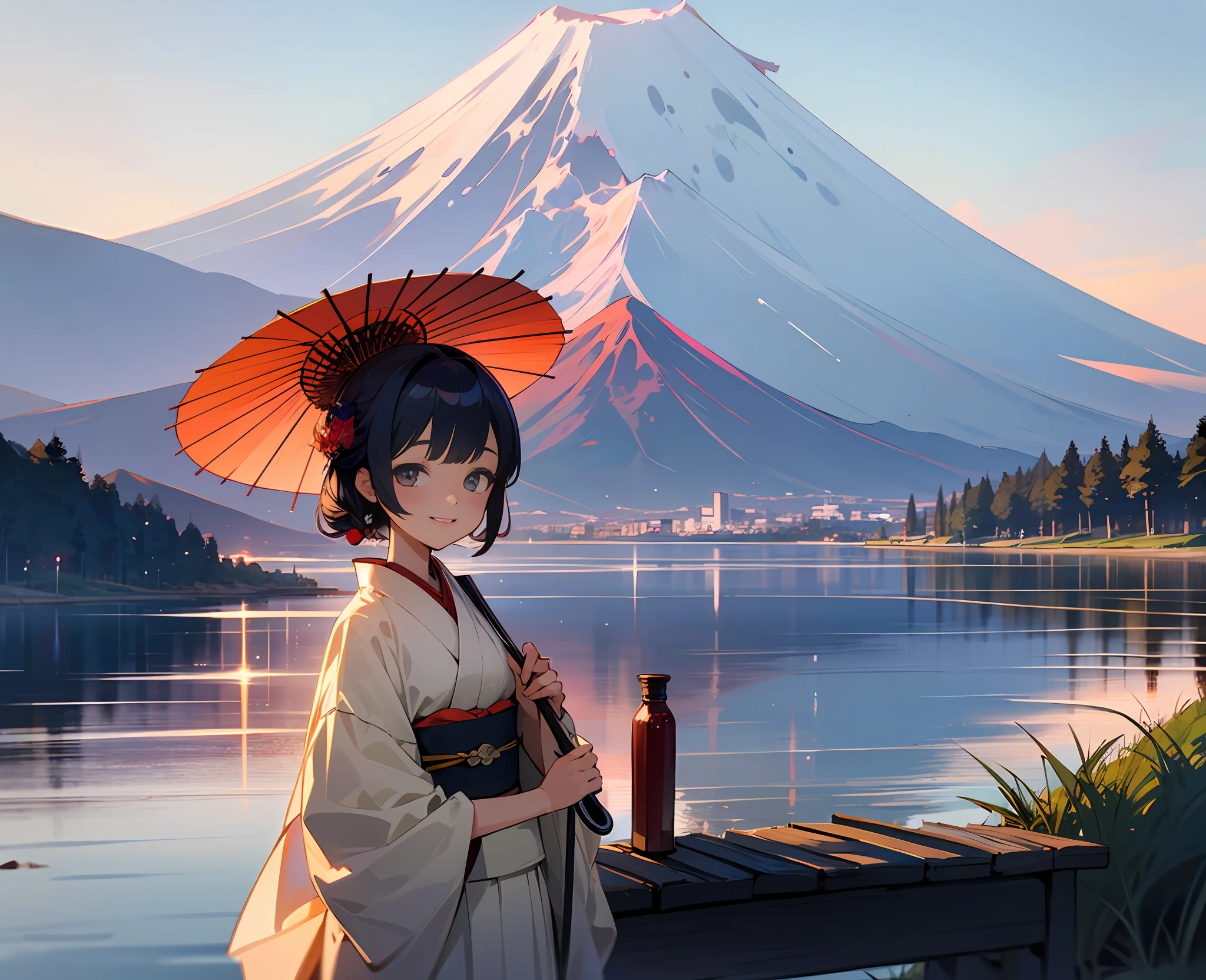 top-quality、Lakeside in front of the mountain、Mt fuji、夏天、early evening、The sunset sky is beautiful、outside of house、younggirl、Smile on the screen、Detailed beauty、picnic、Open the parasol、Kimono、taisho roman --auto