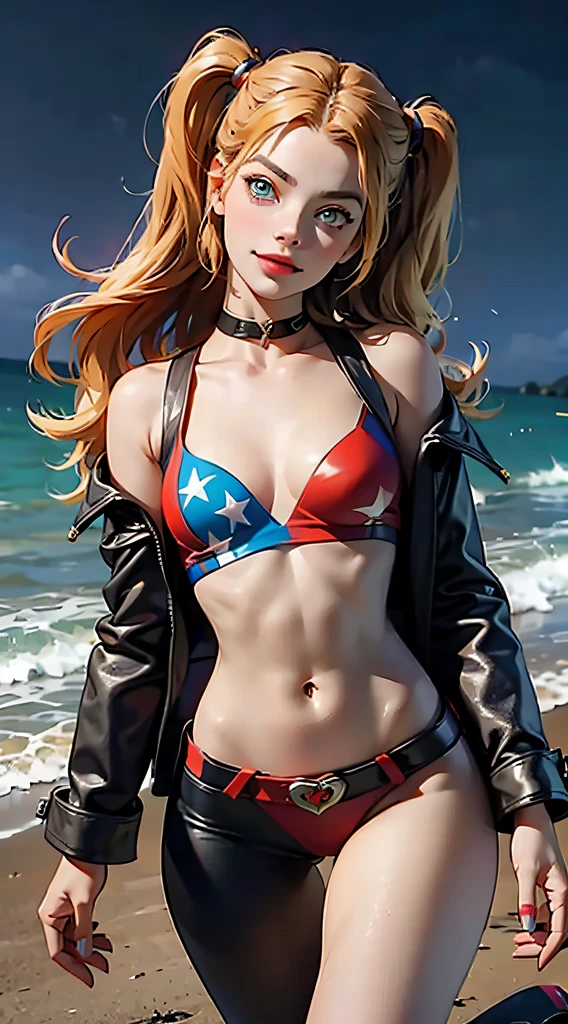 margot robbie as a gorgeous Harley Quinn standing on sand wind in the hair