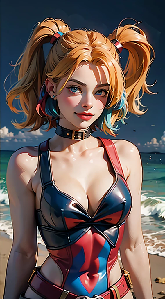 margot robbie as a gorgeous Harley Quinn standing on sand wind in the hair