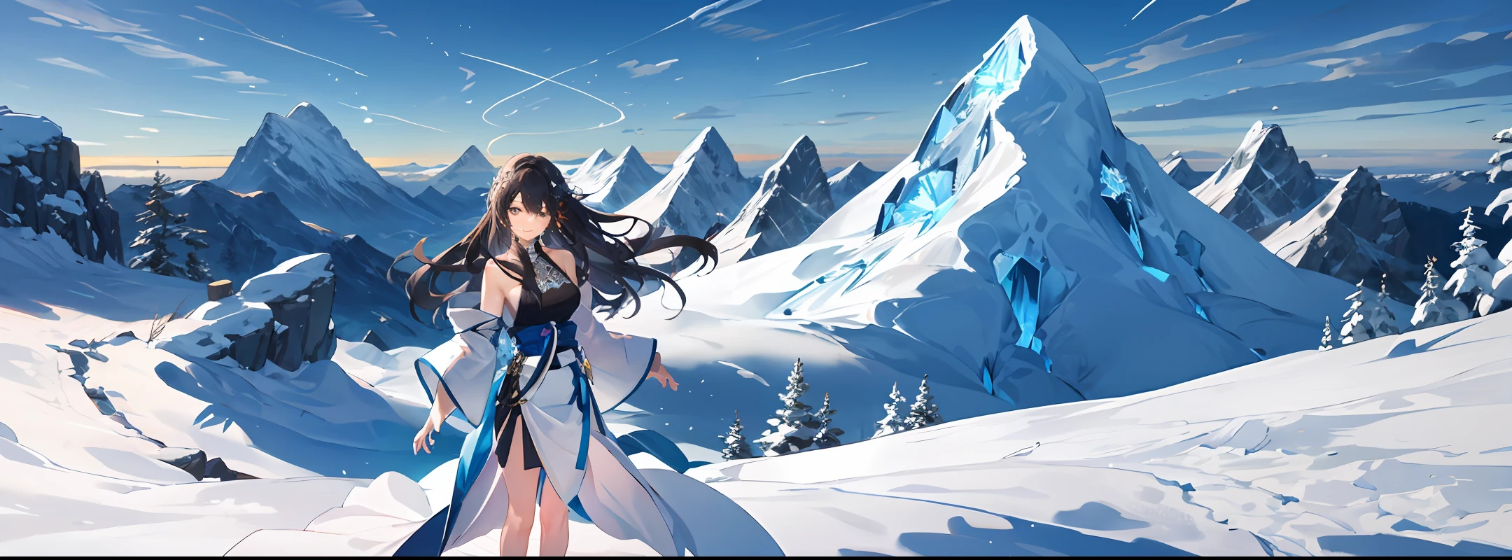 Expansive landscape photograph，Above is the sky, in the middle is the snowy mountains, below is the snow，A girl standing on the snow looking up，Exquisite background，at winter season，snow mountains, BREAK Making Art，（cold light source：1.2），Complicated details，Volumetric lighting BREAK（tmasterpiece：1.2），（best qualtiy），4k，ultra - detailed，（dynamic compositions：1.4），detail-rich，（独奏：1.2），Be red in the face，Extra lots of details，Exquisite Hair，Messy hair，ssmile，Hanfu，Slip dress，perfect hand，correct hand，Sapphire pendant，Blue pupil，Ice Mage，snow landscape，nevando，snowflower，glacier，atarctive，Blue crystal，Lots of blue-white，dream magical，mito，Perfect cloud，bare-legged，exposing thighs，