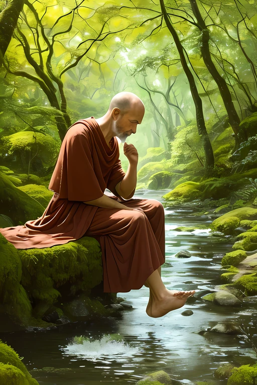 close up de 1 homem, idade aproximada de 60 anos, of monastic descent, sem cabelo, careca, meditating sitting on the edge of a river full of stones, Watching a brown leaf floating in the water, rosto bonito, The sun's rays are reflected in the water, The surrounding environment is a lush forest, with tall, dense trees covered with moss, (oil-painting), classic art: 0.4, detalhado, intrincado, (Arte de Fantasia), cor silenciada: 0.25, melhor qualidade, boa anatomia, good composition, good proportions, bom design, dinamic pose, good meditation pose, homem realista, riacho realista, folha marrom realista, pedras realistas, floresta realista, realistic trees, fundos realistas, (cinemactic), (mais alta qualidade, Concedido, obra-prima:1.3),  (arte Arthur Rackham:0.5), (((cores naturais))), (fotorrealista:1.4), ((empty hands, sem segurar nada)),