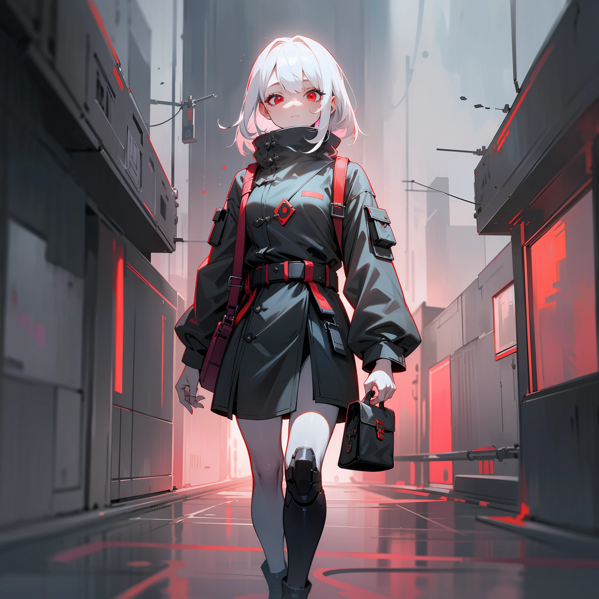 Cyberpunk style dungeons in the fog，Under burning reflections，Depict scenes with high quality and high quality，A girl with white hair appeared，She has red eyes，Carrying a bag。