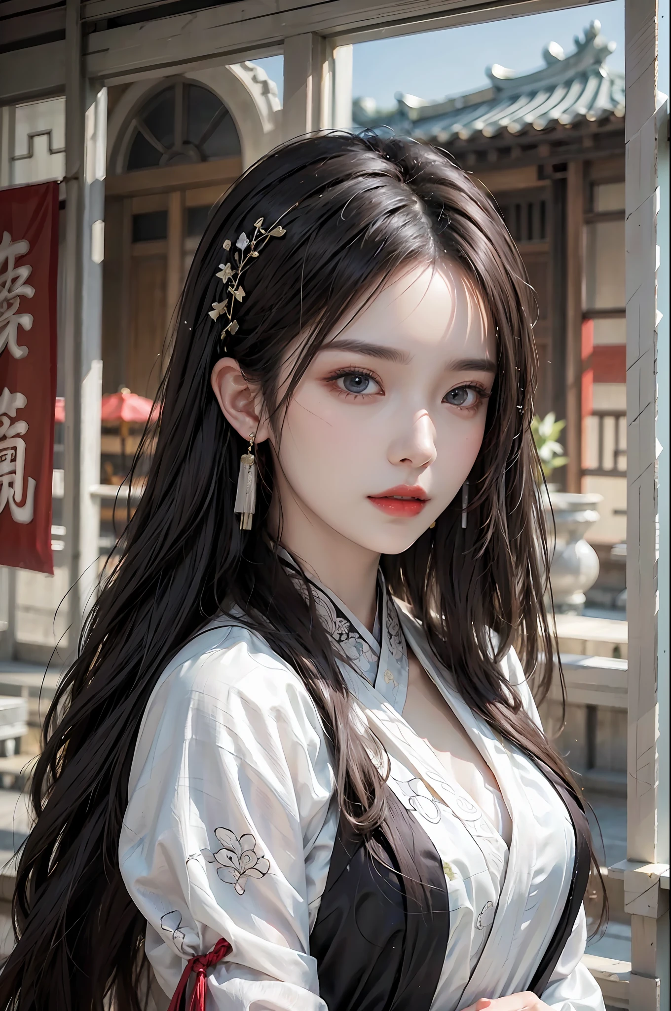 photorealistic, high resolution, 1 girl, hips up, beautiful eyes, light black hair,long hair, intricate brocade hanfu, gorgeous accessories, wearing pearl earrings, corlorful clothes, Chinese architecture