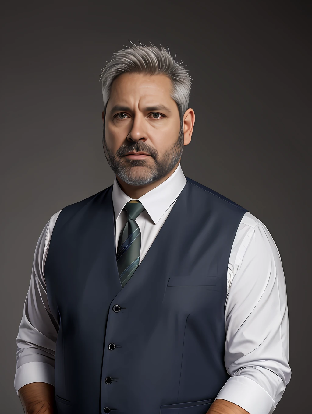 A middle-aged man, 50 years old, fat, modern magician, gray hair, medium gray beard, green eye, serious, intimidating, white tabard, personal, crow, storm, realistic. 8k uhd