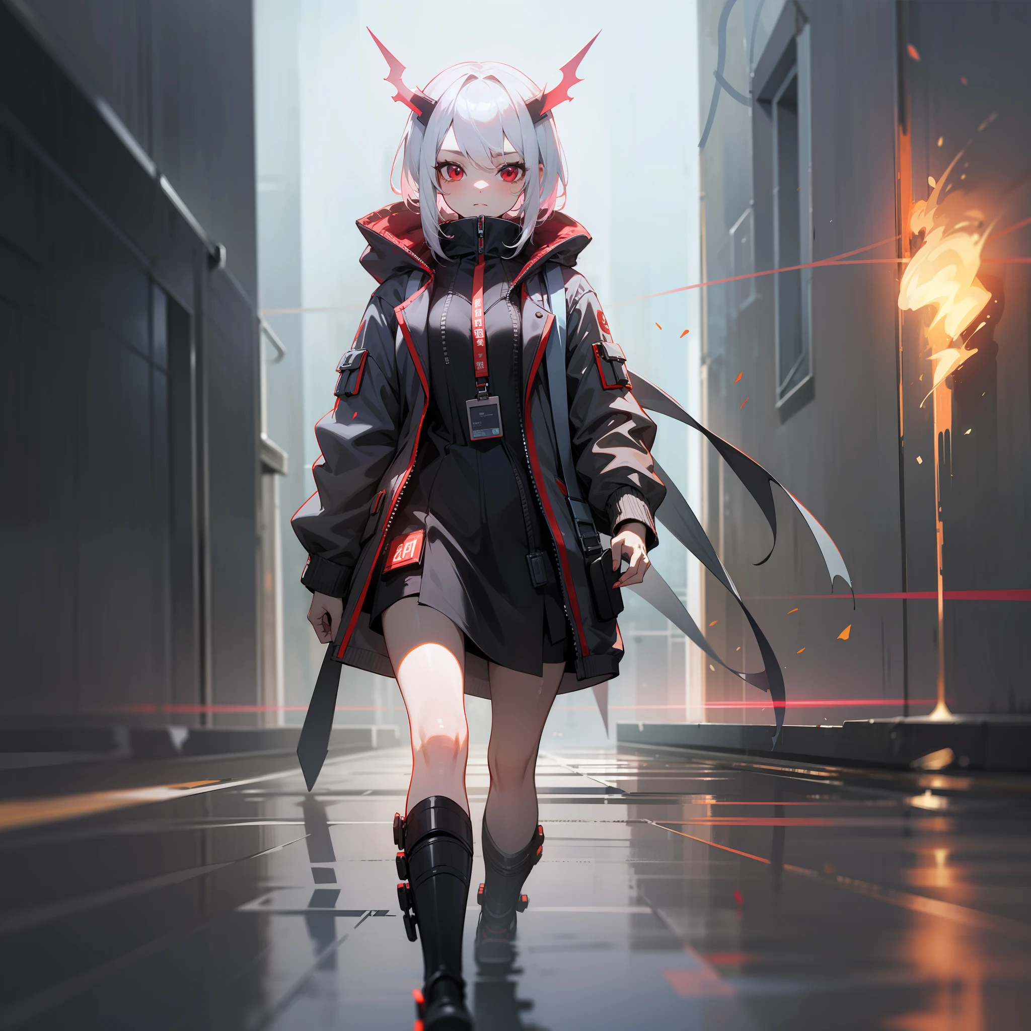 Cyberpunk style dungeons in the fog,Under burning reflections,Depict scenes with high quality and high quality,A girl with white hair appeared,She has red eyes,Carrying a bag。