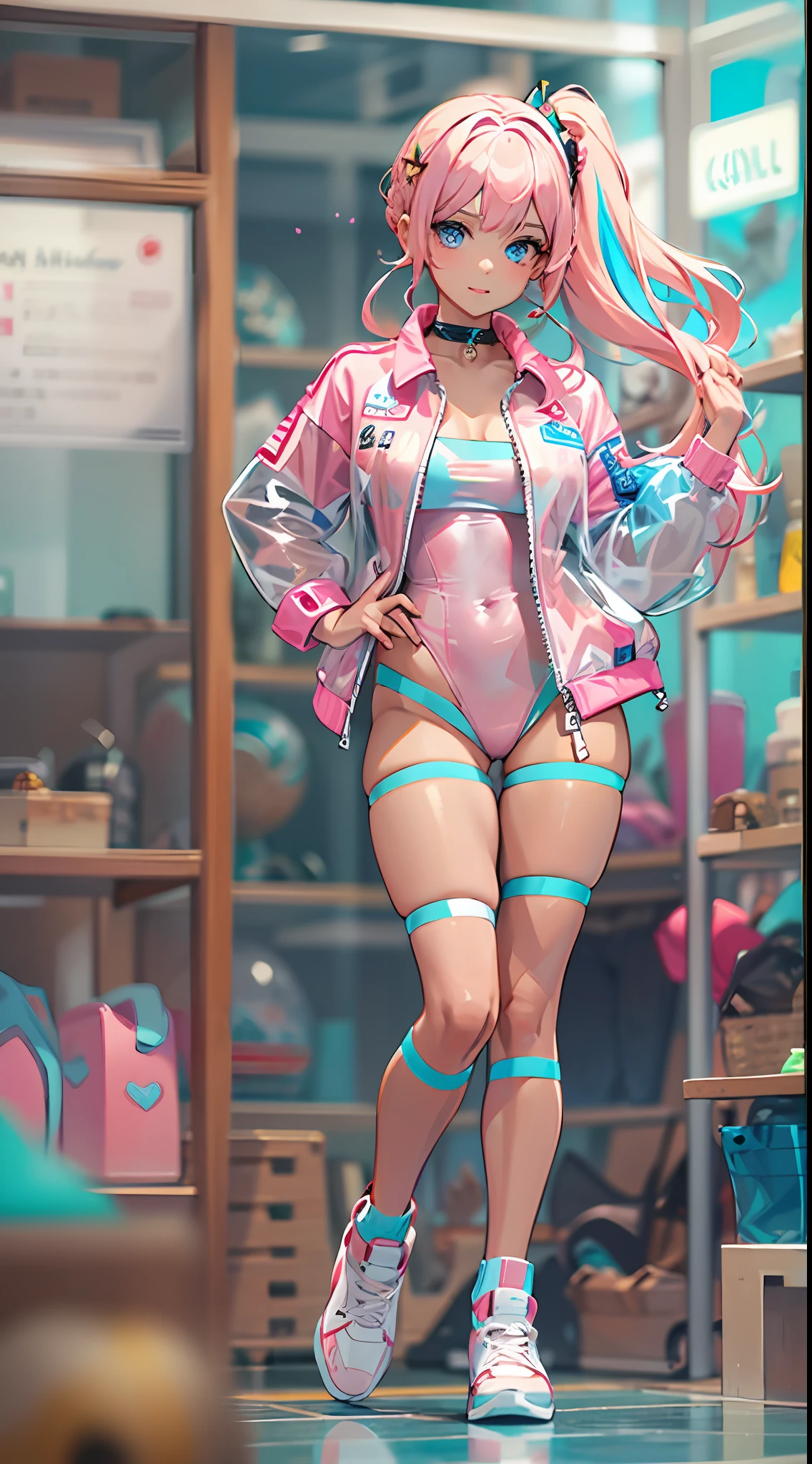 ((Masterpiece)), best quality, absurderes, ultra detailed, holographic, cowboy shot, dynamic pose, golden ratio, super cute girl, mature girl, Barbie girl, idol girl, super beautiful girl with very beautiful blue eyes, beautiful glowing blonde multicolored hair, high ponytail, nice and sexy body, slim body, perfect body, wearing a super tight and pink leotard, a super aesthetic pink translucent mini jacket, beautiful pink hair ornament, pink jordan tennis, being photographed in a doll house