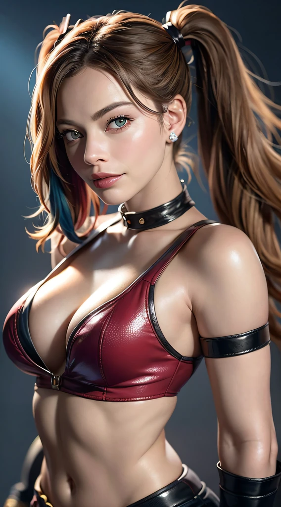 margot robbie as a gorgeous Harley Quinn standing on sand wind in the hair