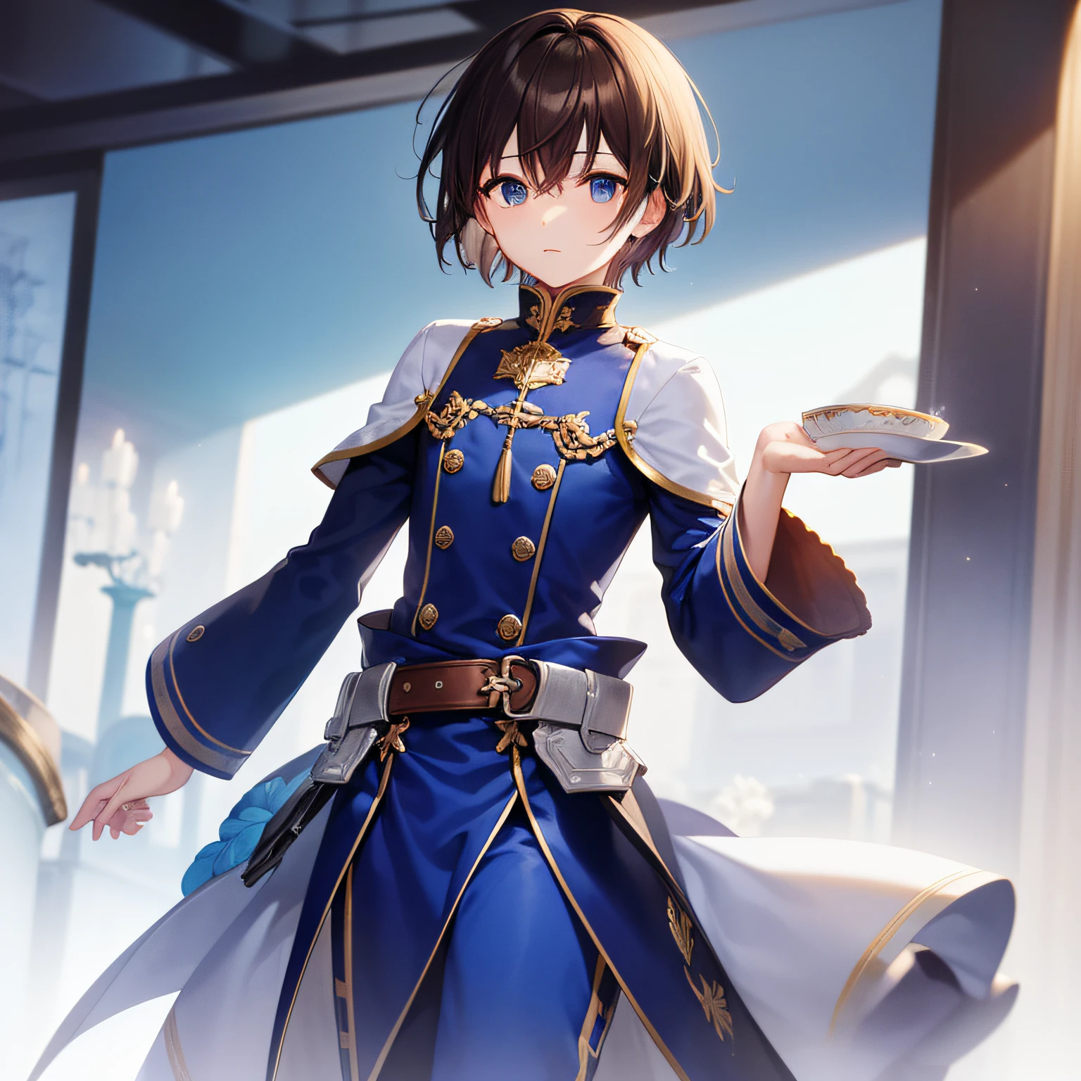 top-quality、extremely delicate and beautiful、One guy、The brave、male people、((((Solo Male))))、(Brown Shorthair)、blue clothing、Belt at waist、(White Bowl Roll)、(Blue Boots)、blue eyess、is standing