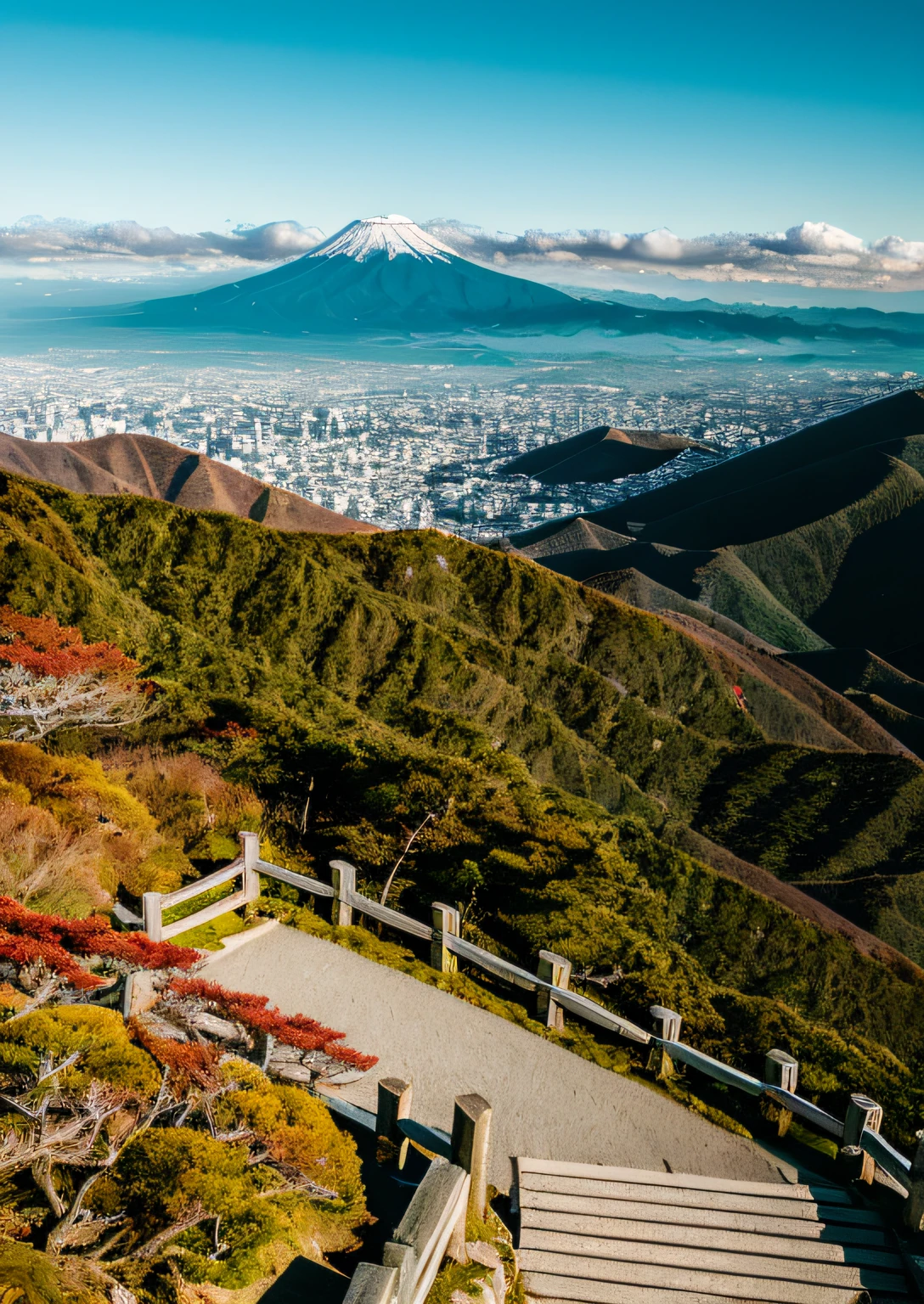 Landscape, Landscape viewed from mountain top, Japan, detail, realistic, ultra realistic, 8k uhd, DSLR, soft lighting, high quality, film grain, Fujifilm XT3, (Masterpiece) <la:add_detail:1