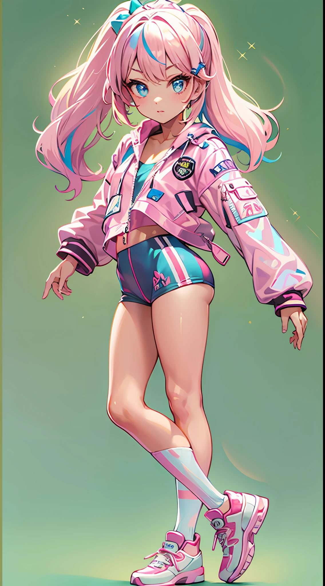 ((Masterpiece)), best quality, absurderes, ultra detailed, holographic, cowboy shot, dynamic pose, golden ratio, super cute girl, girl, Barbie girl, idol girl, super beautiful girl with very beautiful blue eyes, beautiful glowing blonde multicolored hair, high ponytail, nice and sexy b, slim body, perfect body, wearing a super tight and pink leotard, a super aesthetic pink translucent mini jacket, beautiful pink hair ornament, pink jordan tennis, being photographed in a doll house