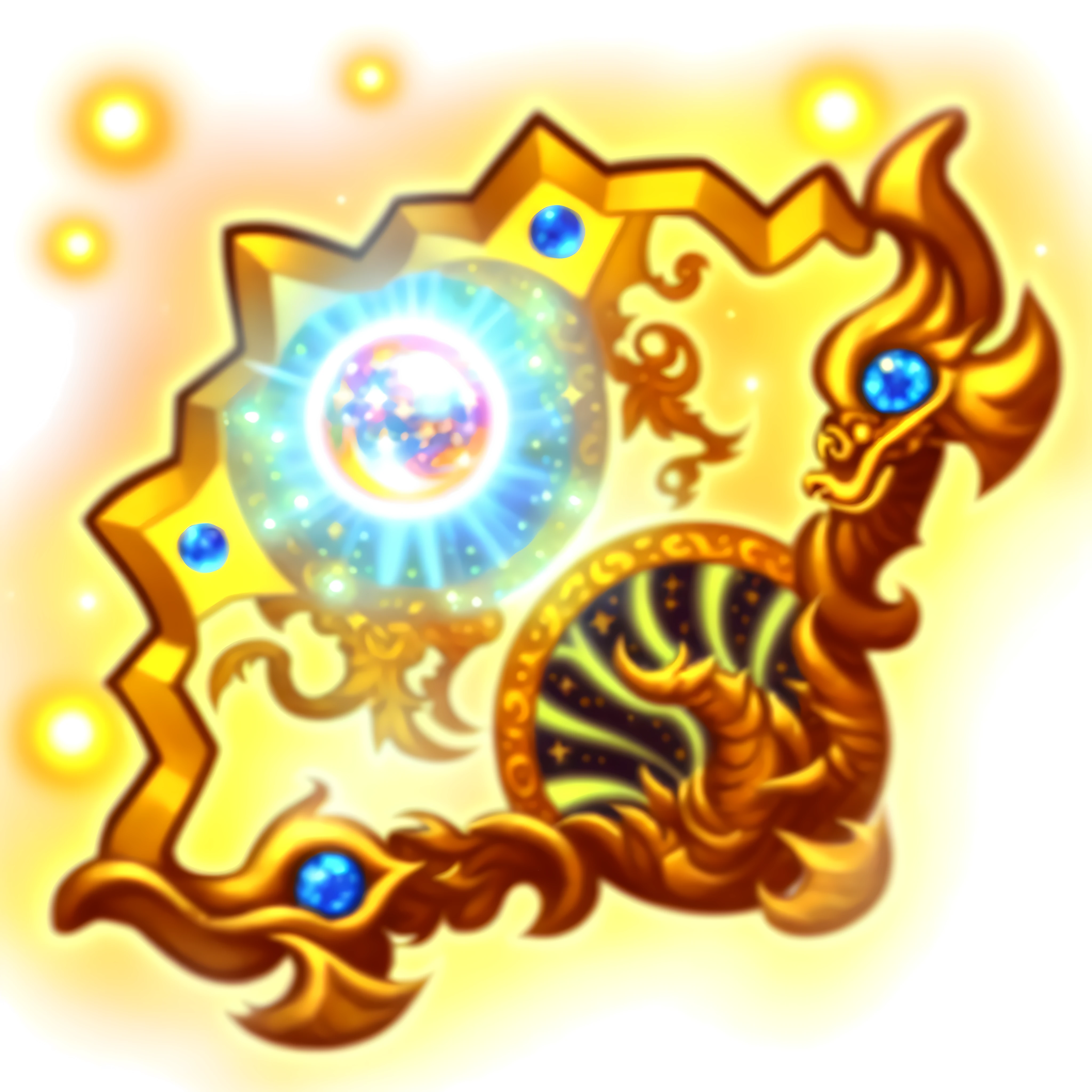 Golden dragon with blue eyes and golden stars, ornate gilded cosmic machine, treasure artifact, holy flame crown spell, ornate galactic gold, ability image, fantasy game spell icon, magic spell icon, magical artifact, golden circlet, fantasy game spell symbol, heavy jpeg artifact, orb of agamento, holy fire spell art, fantasy shield