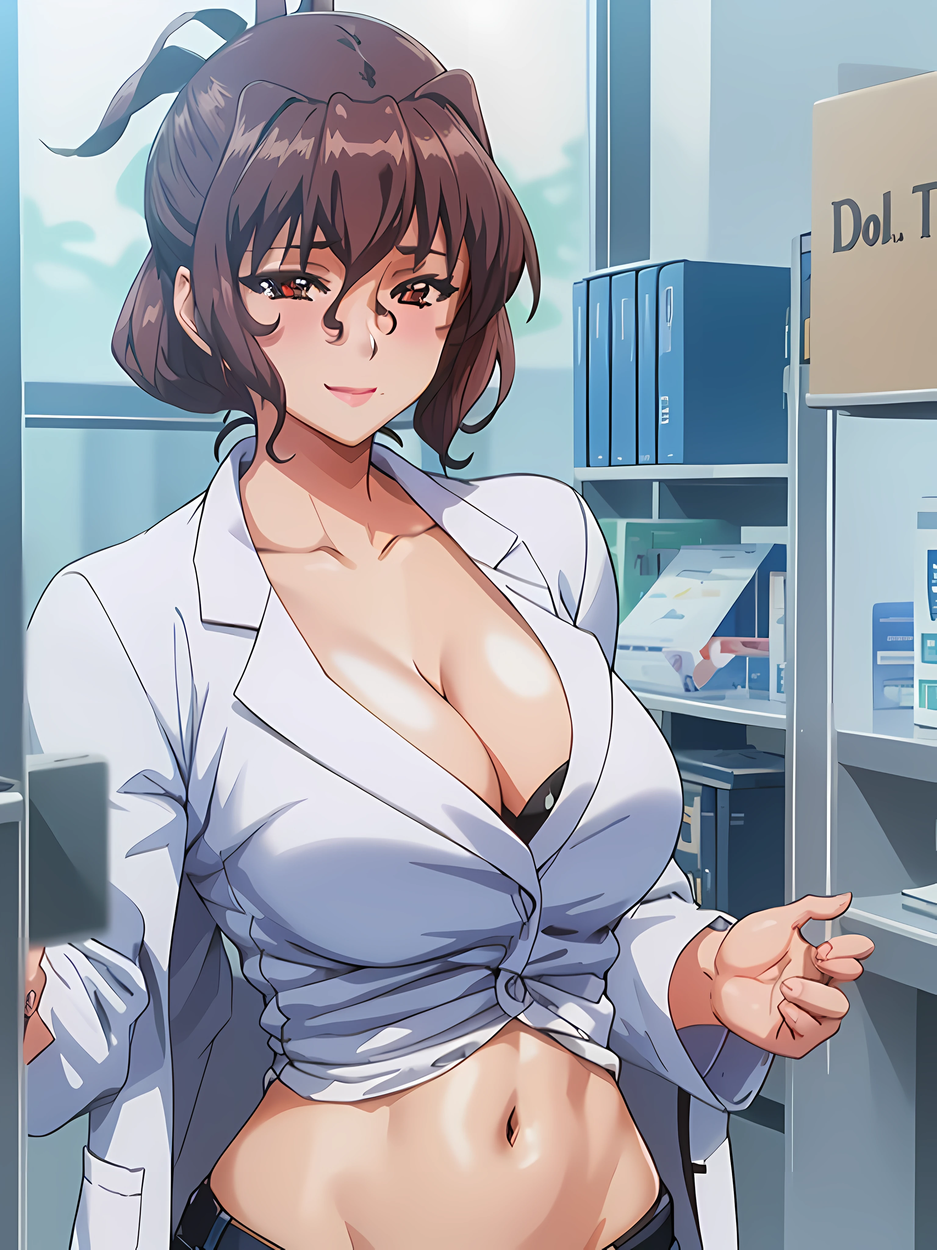 (beautiful hand:1.2), (masterpiece, best quality:1.3), Aiko Katsuragi, mature female, beautiful face, pretty face, (half body shot:1.05), 1girl, makeup, big breasts, lipstick, brown glowing eyes, folded ponytail, brown hair, cleavage, perfect body, (sexy body:1.3), (doctor, labcoat:1.2),  perfect eyes, perfect retina, blushed, eyeliner, eyeshadow, perfect face, smile (caring look:1.1), look at viewer, high sharpness, sharp focus, medical room, professional artwork, intricate details, vivid colors, Diffused lighting, digital blending, ultra detailed body, ultra detailed hair, ultra detailed face, trending on pixiv, for desktop wallpaper, flawless drawn