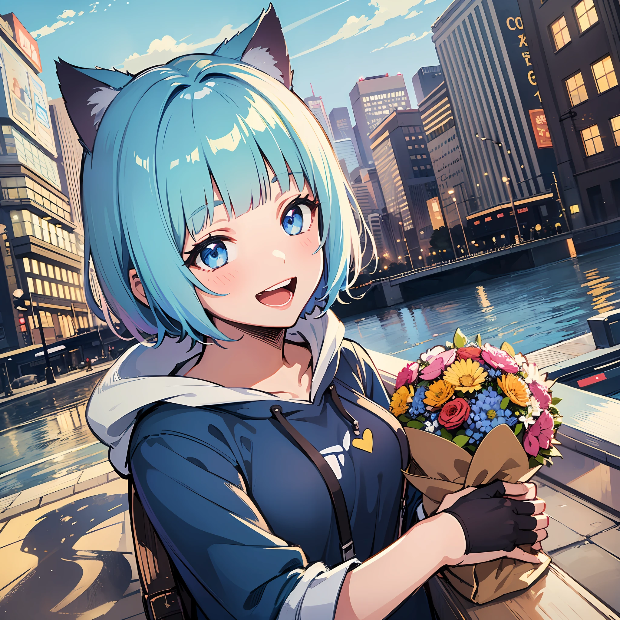 (masterpiece:1.3), (best quality:1.3), high resolution,
dutch angle, overlook view, couboy shot,
head tilt, leaning forward, (holding:1.1), body facing forward,
(one cute girl:1.3), solo,
white skin, small Breast, eight-headed person,
light blue hair, (bobbed hair:1.2), (short hair:1.2), (blunt bangs:1.2), beautiful hair, blue eyes, beautiful detailed eyes,
open mouth, heart, cheerful smile,
(bouquet:1.1), hoodie with cat ears,
outdoors, city of the future,
shadowlighting,