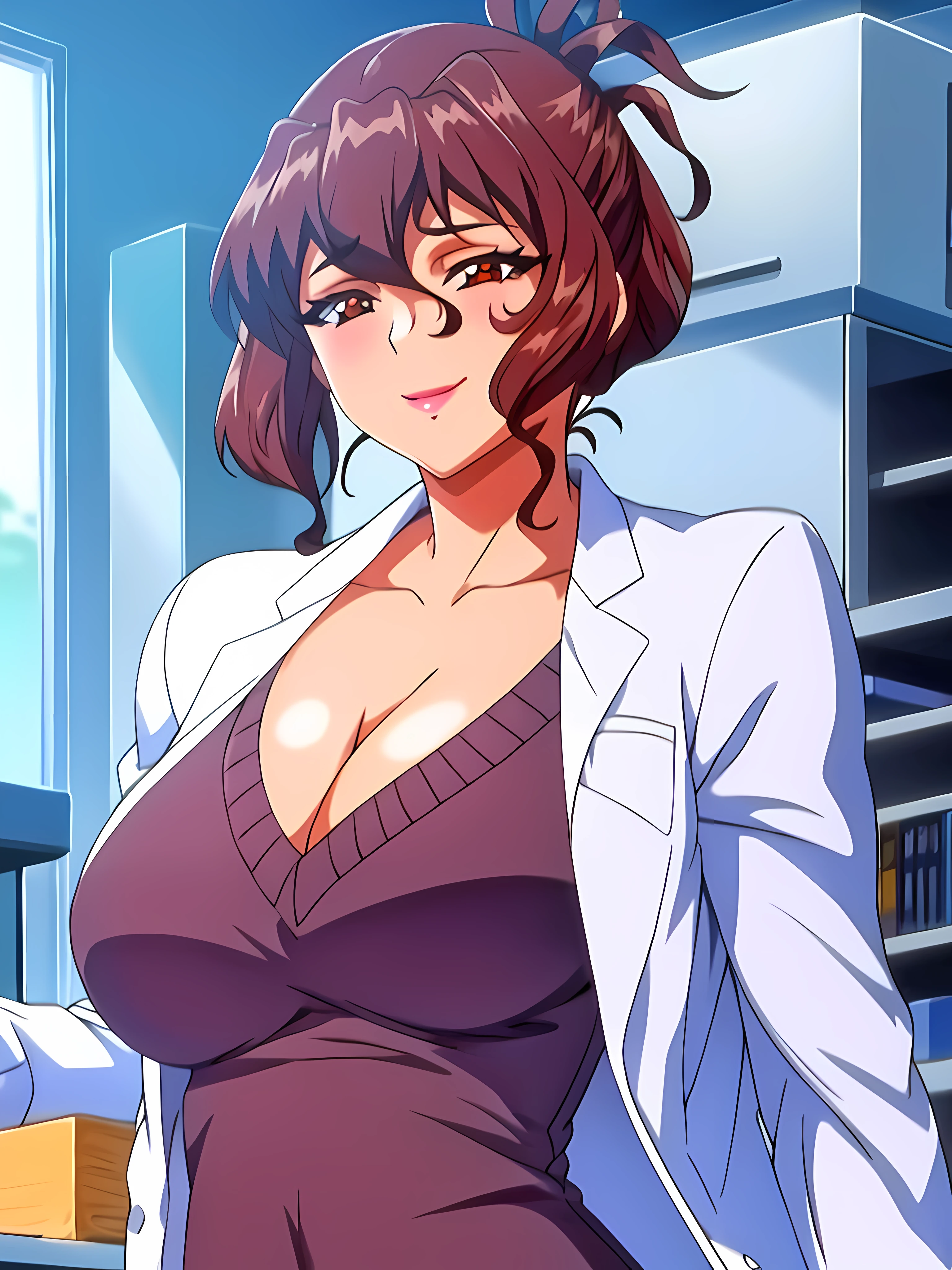 (beautiful hand:1.2), (masterpiece, best quality:1.3), Aiko Katsuragi, mature female, beautiful face, pretty face, (half body shot:1.05), 1girl, makeup, big breasts, lipstick, brown glowing eyes, folded ponytail, brown hair, cleavage, perfect body, (sexy body:1.3), (doctor, labcoat:1.2),  perfect eyes, perfect retina, blushed, eyeliner, eyeshadow, perfect face, smile (caring look:1.1), look at viewer, high sharpness, sharp focus, medical room, professional artwork, intricate details, vivid colors, Diffused lighting, digital blending, ultra detailed body, ultra detailed hair, ultra detailed face, trending on pixiv, for desktop wallpaper, flawless drawn