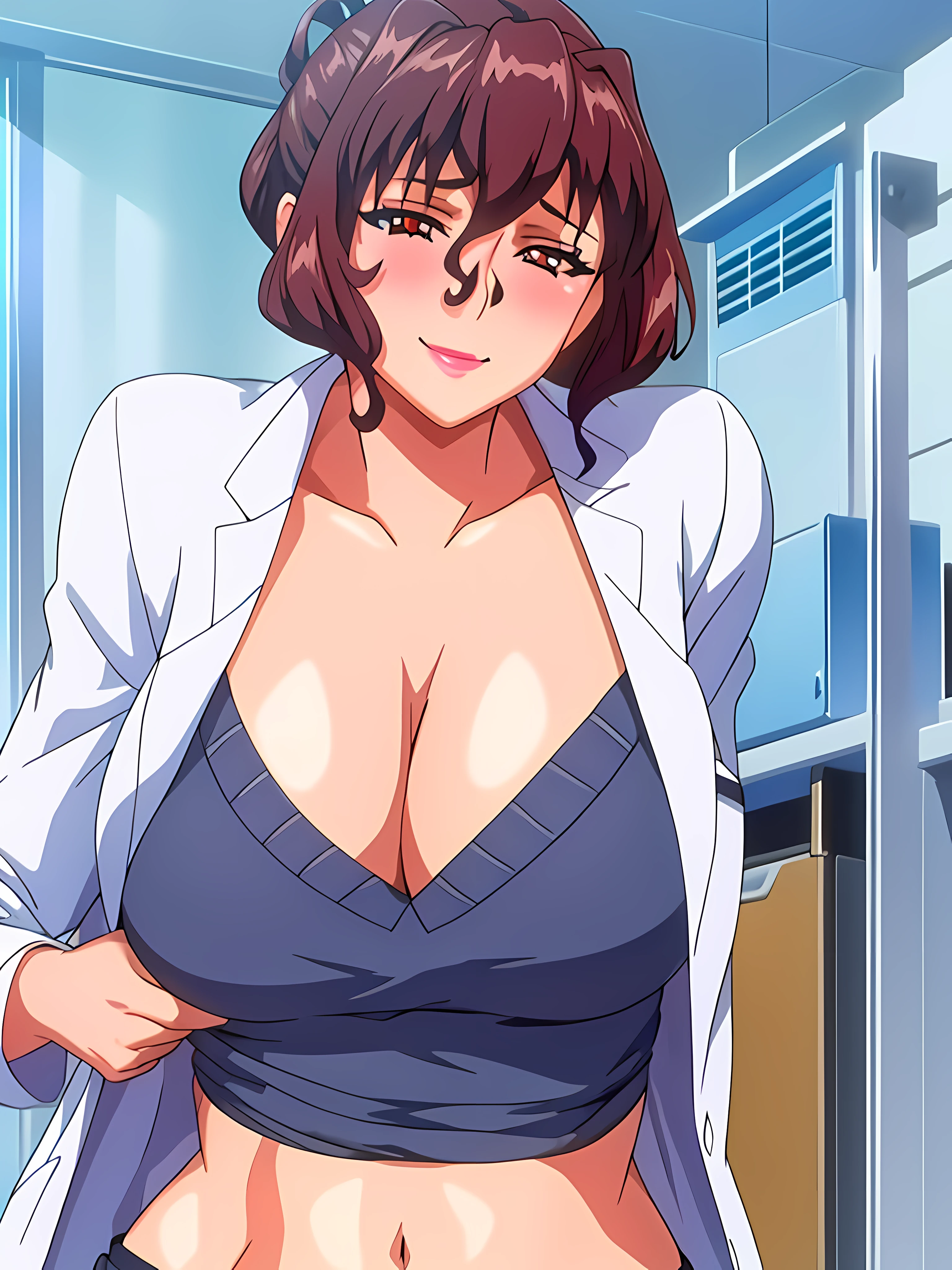 (beautiful hand:1.2), (masterpiece, best quality:1.3), Aiko Katsuragi, mature female, beautiful face, pretty face, (half body shot:1.05), 1girl, makeup, big breasts, lipstick, brown glowing eyes, folded ponytail, brown hair, cleavage, perfect body, (sexy body:1.3), (doctor, labcoat:1.2), perfect eyes, perfect retina, blushed, eyeliner, eyeshadow, perfect face, smile (caring look:1.1), look at viewer, high sharpness, sharp focus, medical room, professional artwork, intricate details, vivid colors, Diffused lighting, digital blending, ultra detailed body, ultra detailed hair, ultra detailed face, trending on pixiv, for desktop wallpaper, flawless drawn