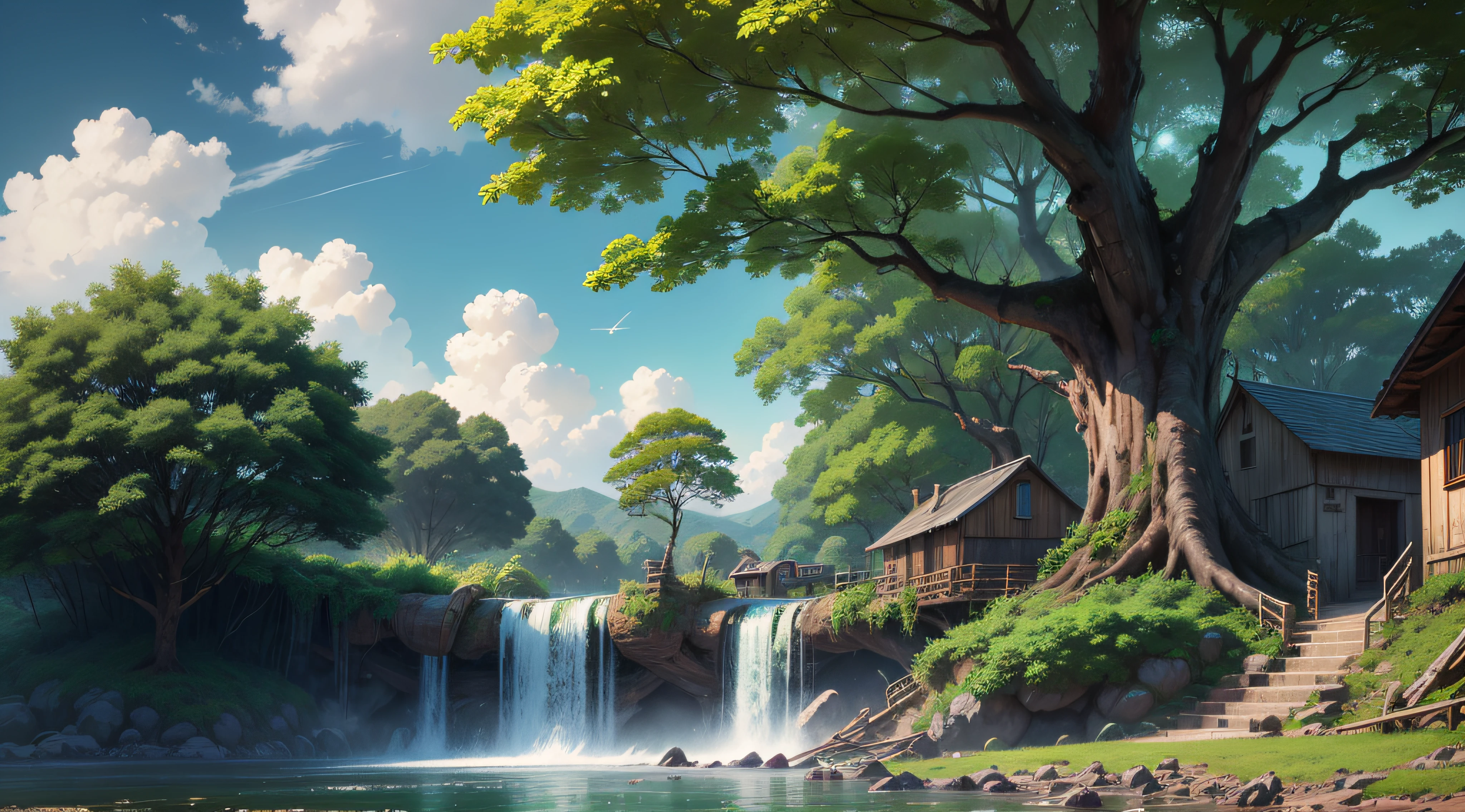 Gigantic colorful trees with many vines, palmeiras, coqueiro, fallen logs, a watermill with a waterwheel, moinho de vento, numa cachoeira exuberante, rio com grandes rochas hiper realista, sky with clouds, sol, lua, global ilumination, profundidade de campo,