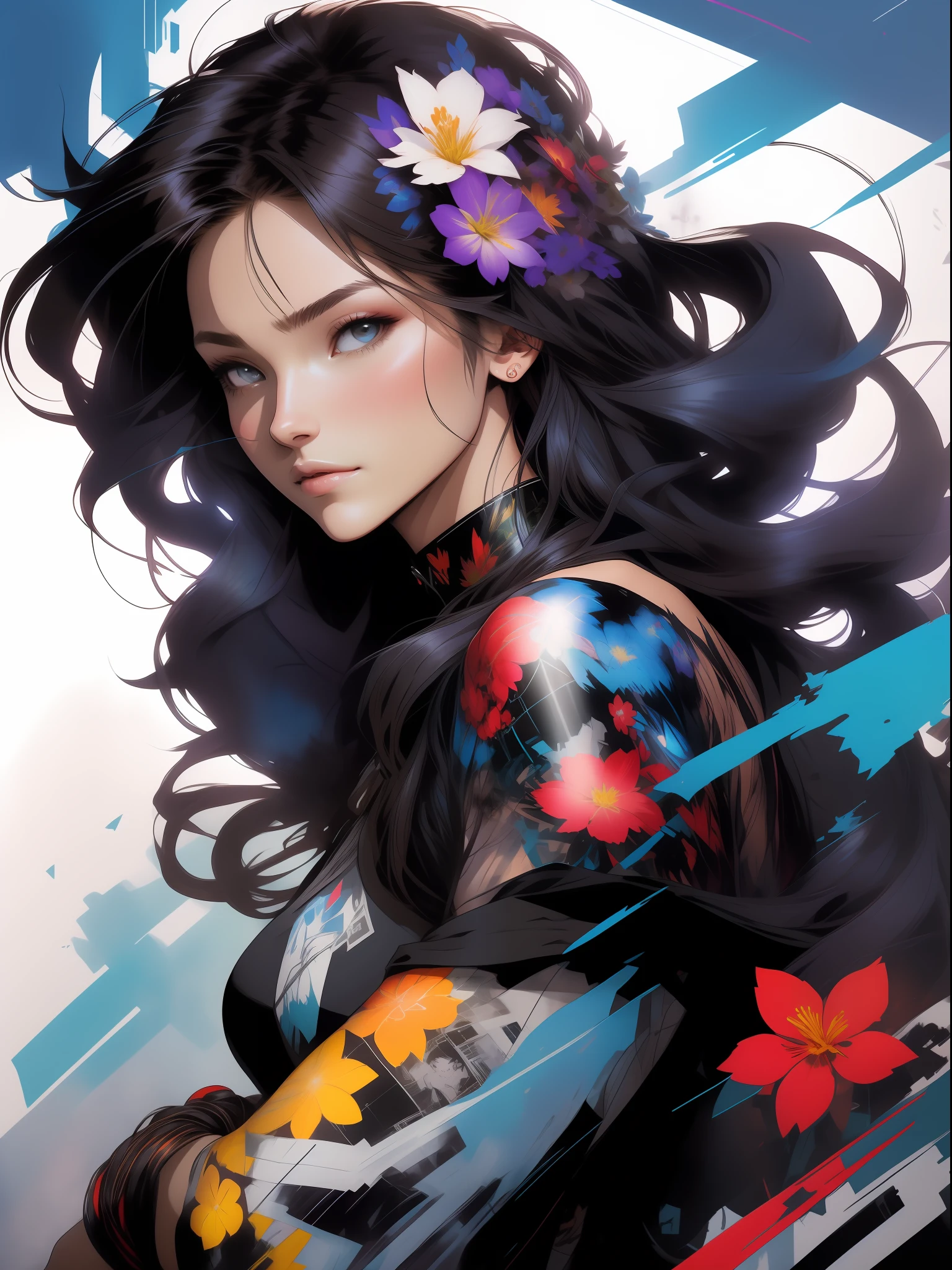 deliberate, ::jason fabok and yoji shinkawa style ::2.0 comix illustration style, tatoon style , comic book style , beautiful woman with long hair ultra detailed, (beautiful and clear background:1.2), , fantastic paintings , graffit style, flowers, olhos altamente detalhados , a t-shirt or dressed in a white blouse underneath, position, and bracelets, , with long black hair , stained glass colored, out, vibrant, alphonse mucha style, fantastic paintings by joe madureira , high quality, --ar 3:4 --upbeta --test --creative --upbeta --upbeta --upbeta --upbeta , photo, sticker art, ASHLEY ALEXISS dressed in black electrical tape,central face, beautiful woman with long hair , freedom, soul, digital illustration, comic style, perfect anatomy, centered, approaching perfection, dynamic, highly detailed, watercolor painting, artstation, concept art, smooth, sharp focus, illustration, art by carne griffiths and wadim kashin, alone anime gi, best quality , masterpiece