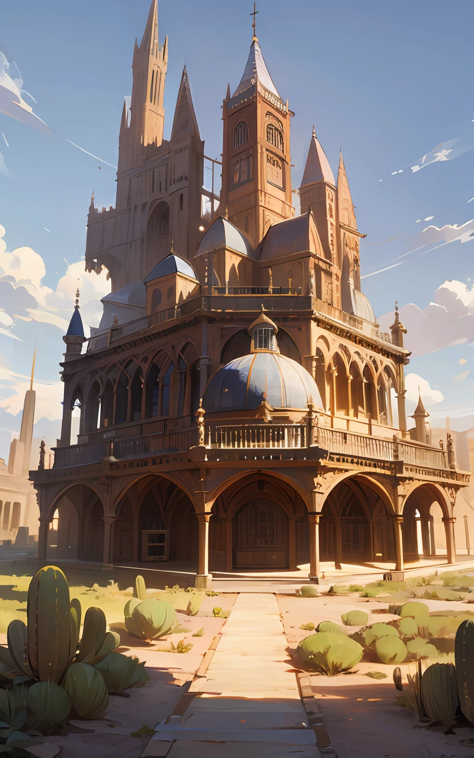 top-quality、hight resolution、detaileds, A city in the desert、Fantasy worldview、(Exterior of the wooden library)、